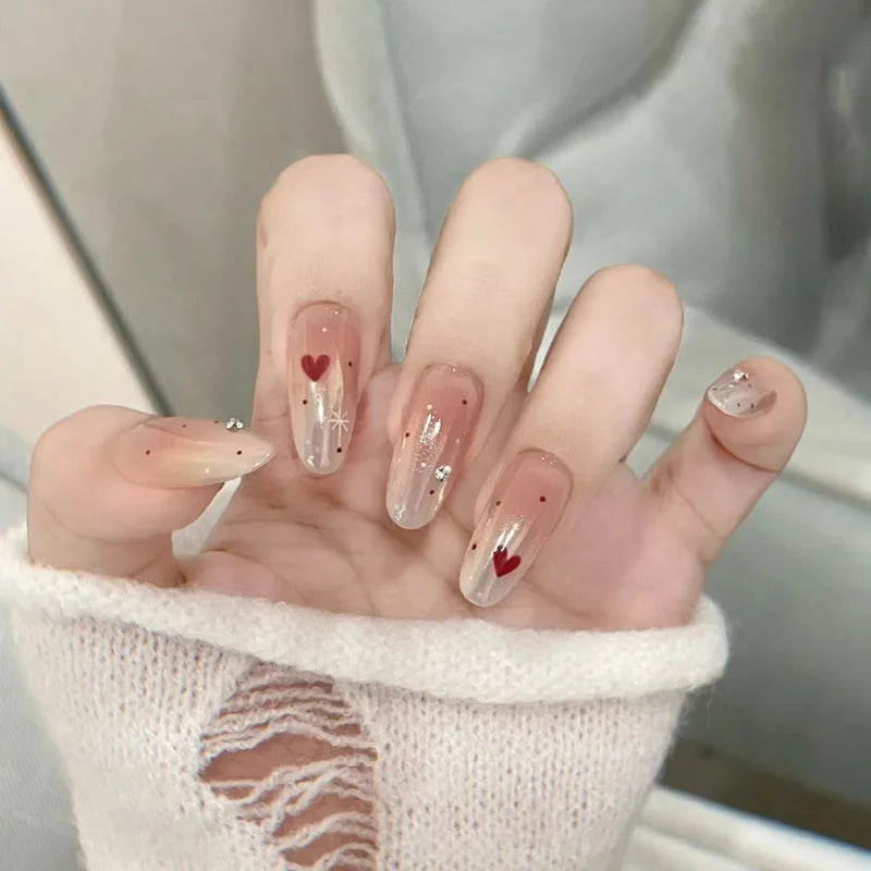 24Pcs Spring False Nails - Short Almond Oval Press On Nails with Red Love Rhinestone Designs | Trendy Nail Stickers for Women | Perfect for Parties, Weddings & Date Nights