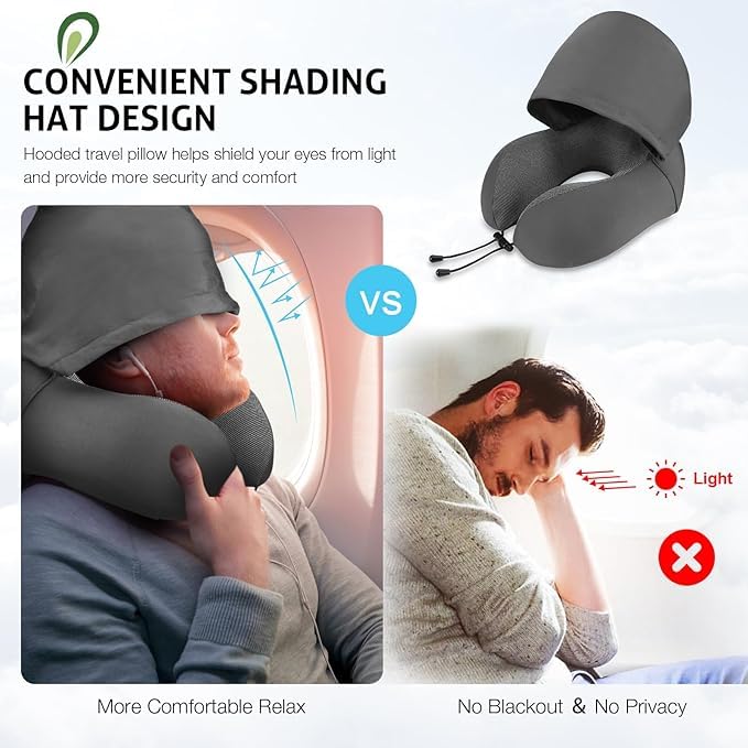 Memory Foam Travel Neck Pillow with Hood for Adults - Comfortable Airplane, Car & Train Neck Support - Perfect for Long Flights, Road Trips & Commuting