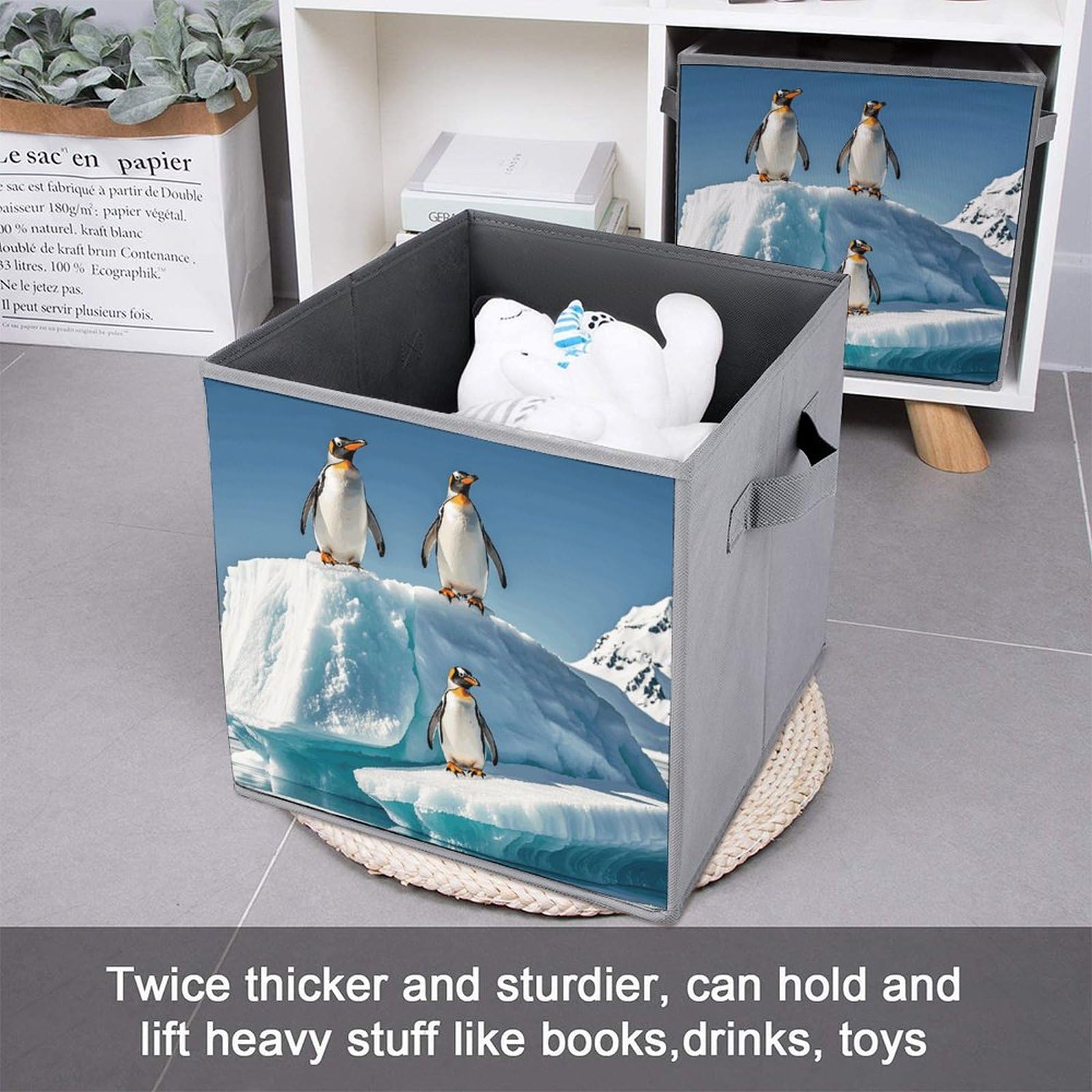 6PCS Collapsible Storage Bins with Handles - Penguin on Iceberg Printed Foldable Organizing Boxes for Home, Kitchen, Bathroom & Office - Space Saving Storage Containers for Shelves, Closet & Pantry Organization