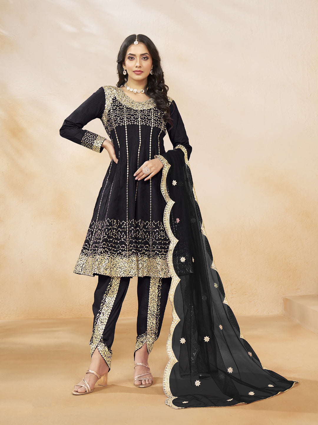 Elegant Black Designer Semi-Stitched Patiyala Dress with Heavy Sequins Embroidery - Perfect for Weddings, Parties & Festive Occasions