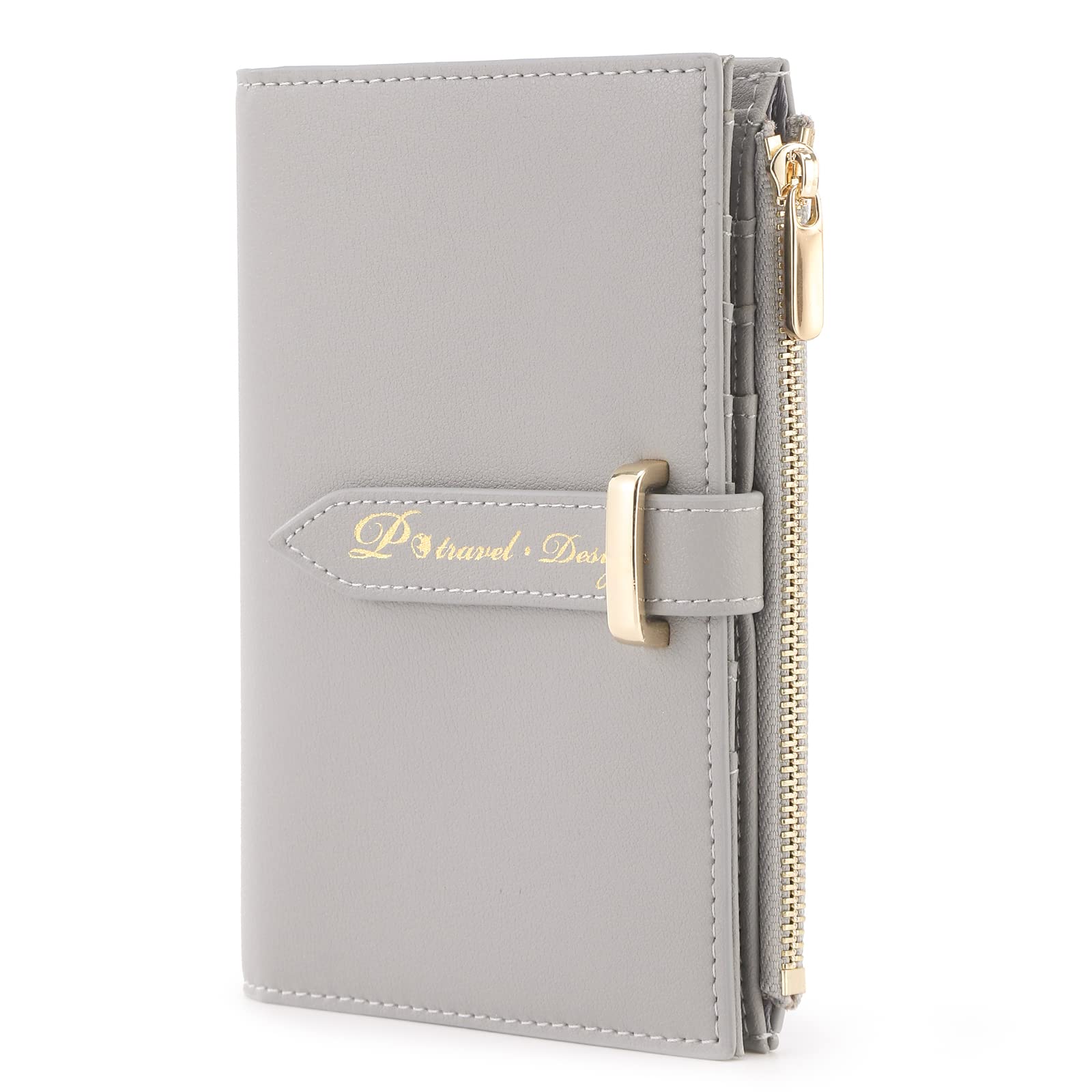 Premium RFID-Blocking Leather Passport Wallet for Women - Slim Travel Passport Holder with Credit Card Slots & Zippered Pocket (Grey) | Ideal for International Travel, Vaccine Card Storage & Secure Document Organization
