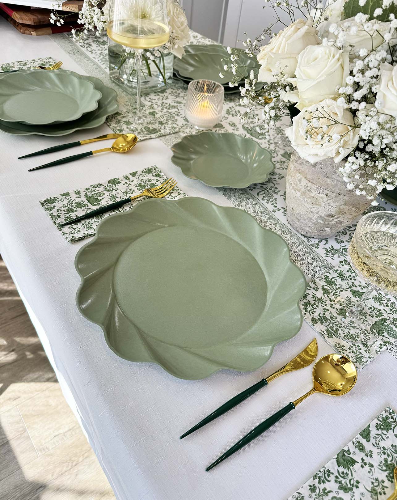 Elegant Royal Peacock Table Setting in Sage Green - Perfect for Weddings, Dinner Parties & Special Occasions