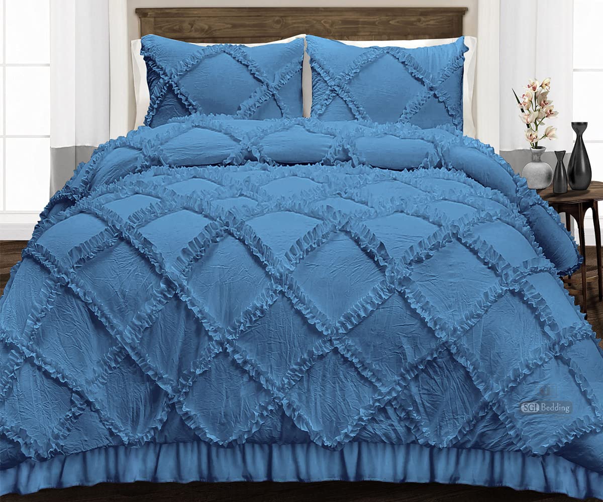 Premium Wyoming King Comforter Set - 300 GSM Plush Siliconized Microfiber Fill with 1000 TC Egyptian Cotton Shell | Mediterranean Blue Diamond Ruffle Design | Ultra Soft & Fluffy Duvet Insert with Premium Piping | Includes Matching Pillowcases | Perfect for Master Bedroom, Guest Room & Luxury Hotels