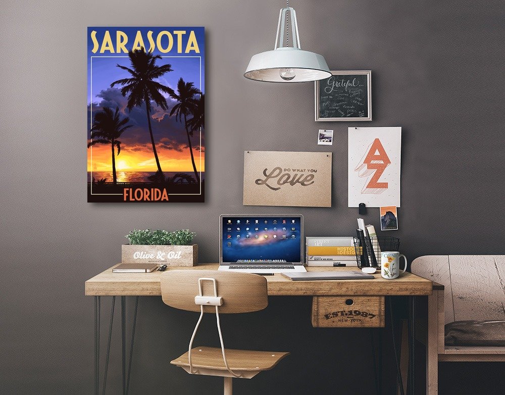 Lantern Press Sarasota Florida Palms and Sunset Wall Art - 16x24 Wrapped Canvas Print - Tropical Beach Decor for Living Room, Bedroom & Office