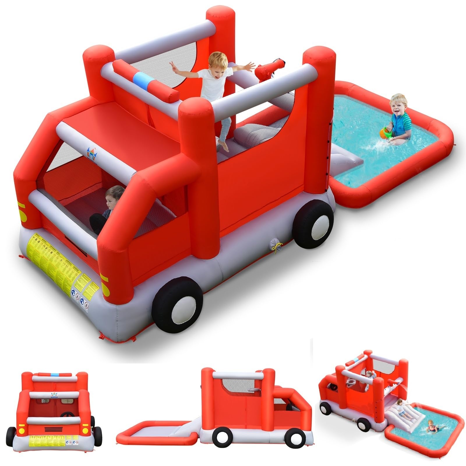 **BOUNTECH Inflatable Water Bounce House - Fire Truck Water Park Bouncy Castle with Slide & Splash Pool, Wet & Dry Combo for Kids Outdoor Play - Perfect for Backyard Birthday Parties, Summer Fun, Boys & Girls Ages 3-12**    *(Use Case: Ideal for backyard parties, summer gatherings, kids' outdoor play, and birthday celebrations!)*