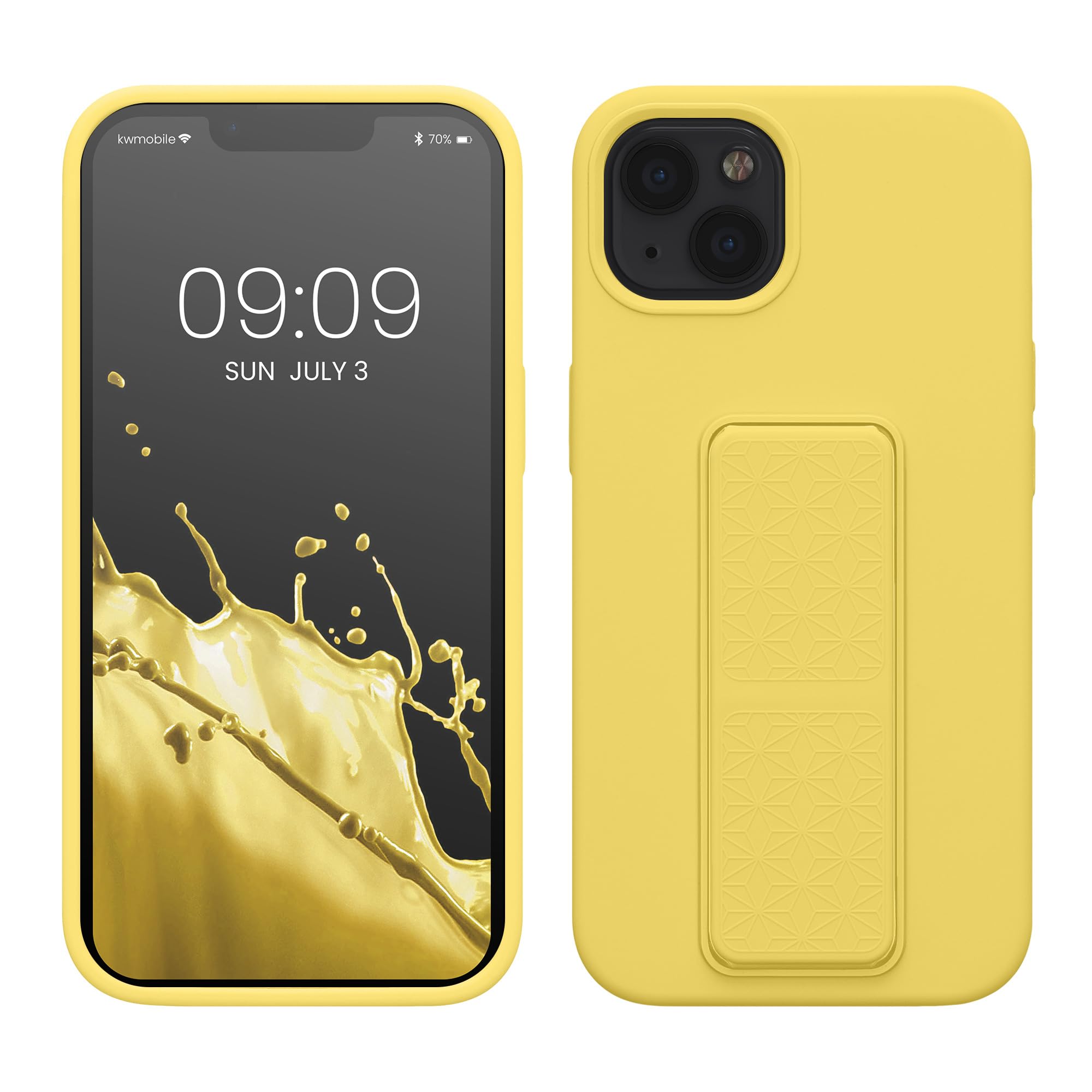 kwmobile Shockproof Case Compatible with Apple iPhone 13 - Soft TPU Silicone Cover with Hand Strap & Kickstand - Radiant Yellow - Perfect for Gym, Outdoor Activities & Daily Protection