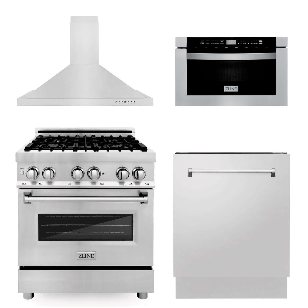 ZLINE 30 Inch Professional Kitchen Package - Stainless Steel Dual Fuel Range, Range Hood, Microwave Drawer & Tall Tub Dishwasher (4KP RARH30 MWDWV) | Perfect for Modern Home Chefs & Gourmet Cooking Enthusiasts