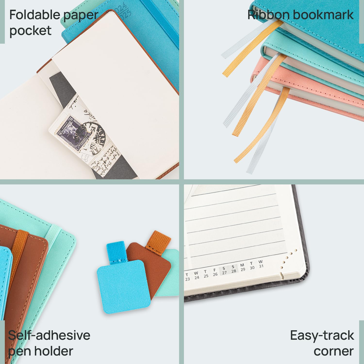 POPRUN Slim 2025 Pocket Diary - Weekly Planner with PU Leather Cover (16.5x9cm) - Small Work Planner with Inner Pocket - Pacific Green | Perfect for Business Meetings, School Scheduling & Personal Organization
