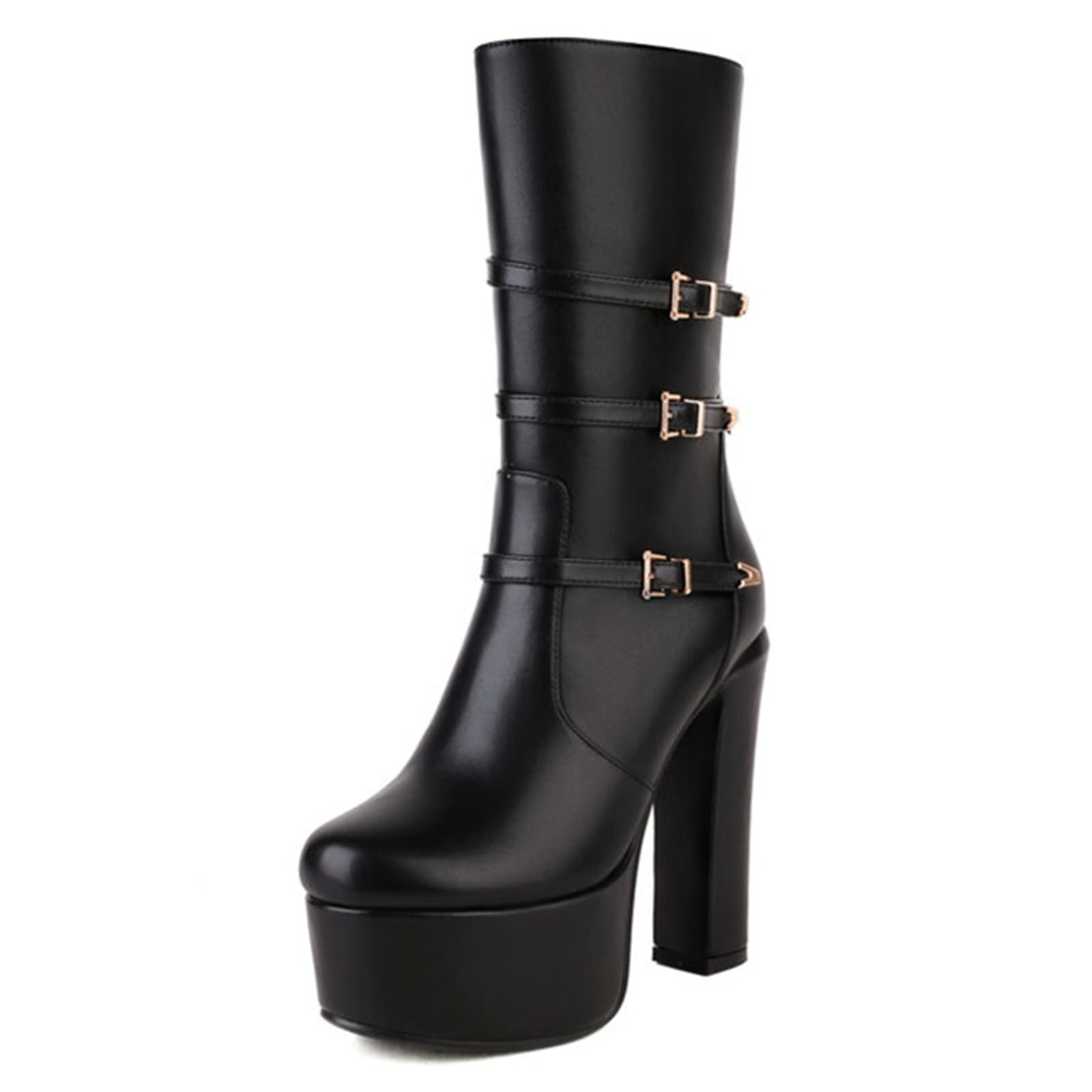 Goolita Women's Chunky High Heel Platform Boots - Round Toe Buckle Straps Ankle Boots with Side Zipper | Comfortable Combat Booties for Casual Outfits, Night Out & Street Style Fashion