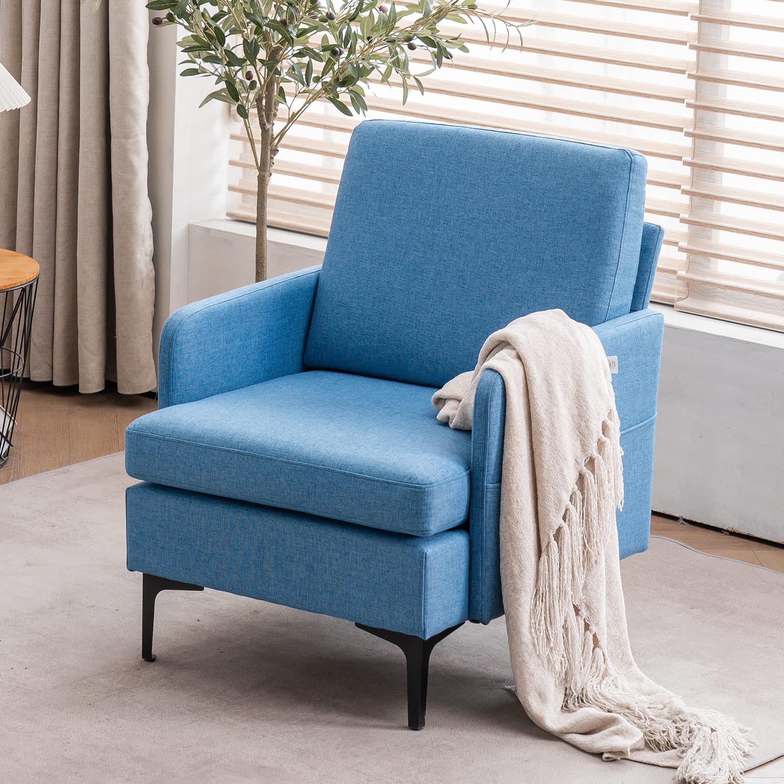 Mid-Century Modern Upholstered Accent Chair - Blue Linen Fabric Single Sofa with Black Metal Legs, Comfortable Armchair for Living Room, Bedroom, Reading Nook & Lounge Areas (Type B)