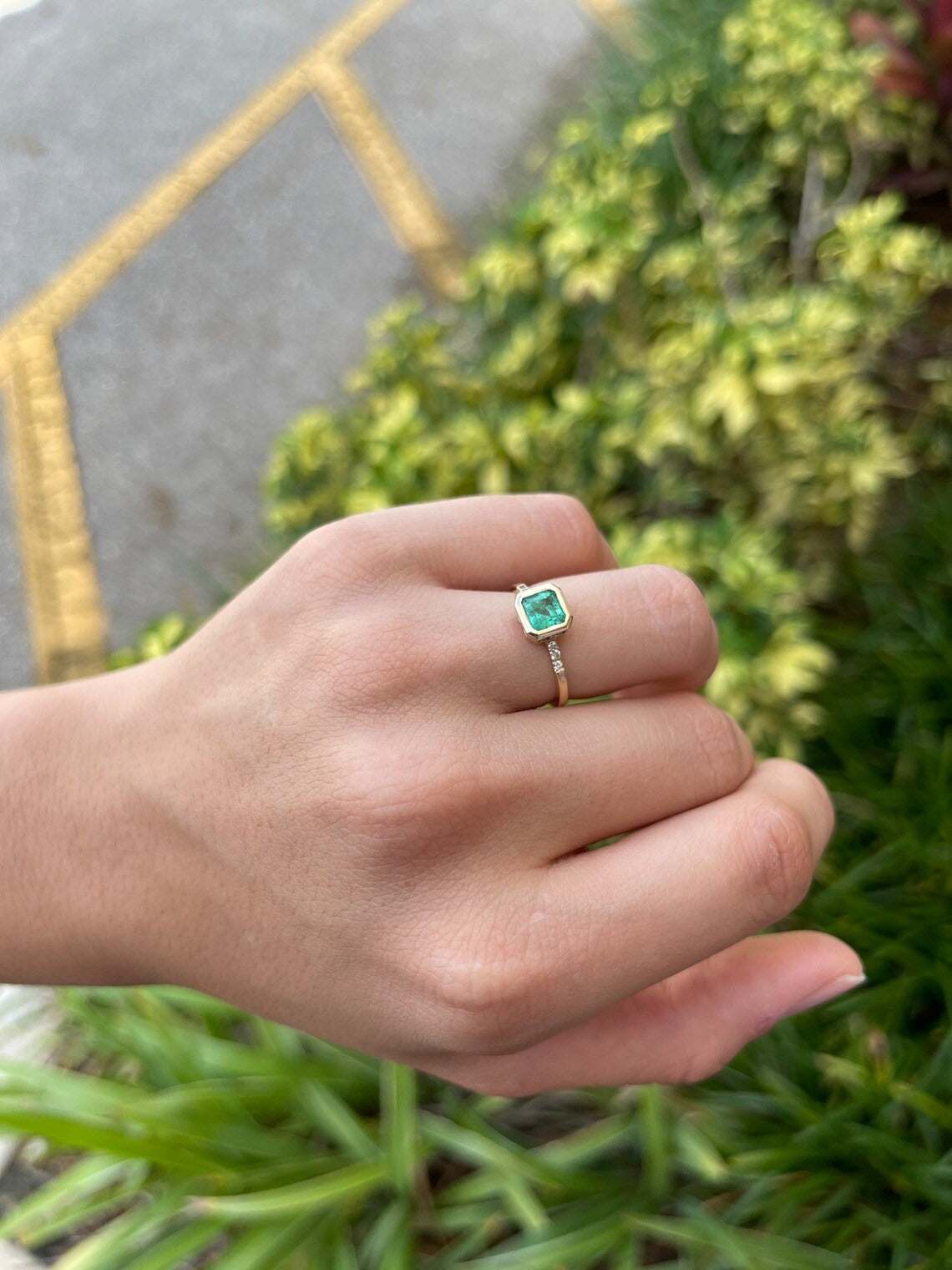 1.08tcw Emerald Bezel Asscher Pave Diamond Statement Ring 14K Gold - Elegant Jewelry for Weddings, Anniversaries & Special Occasions