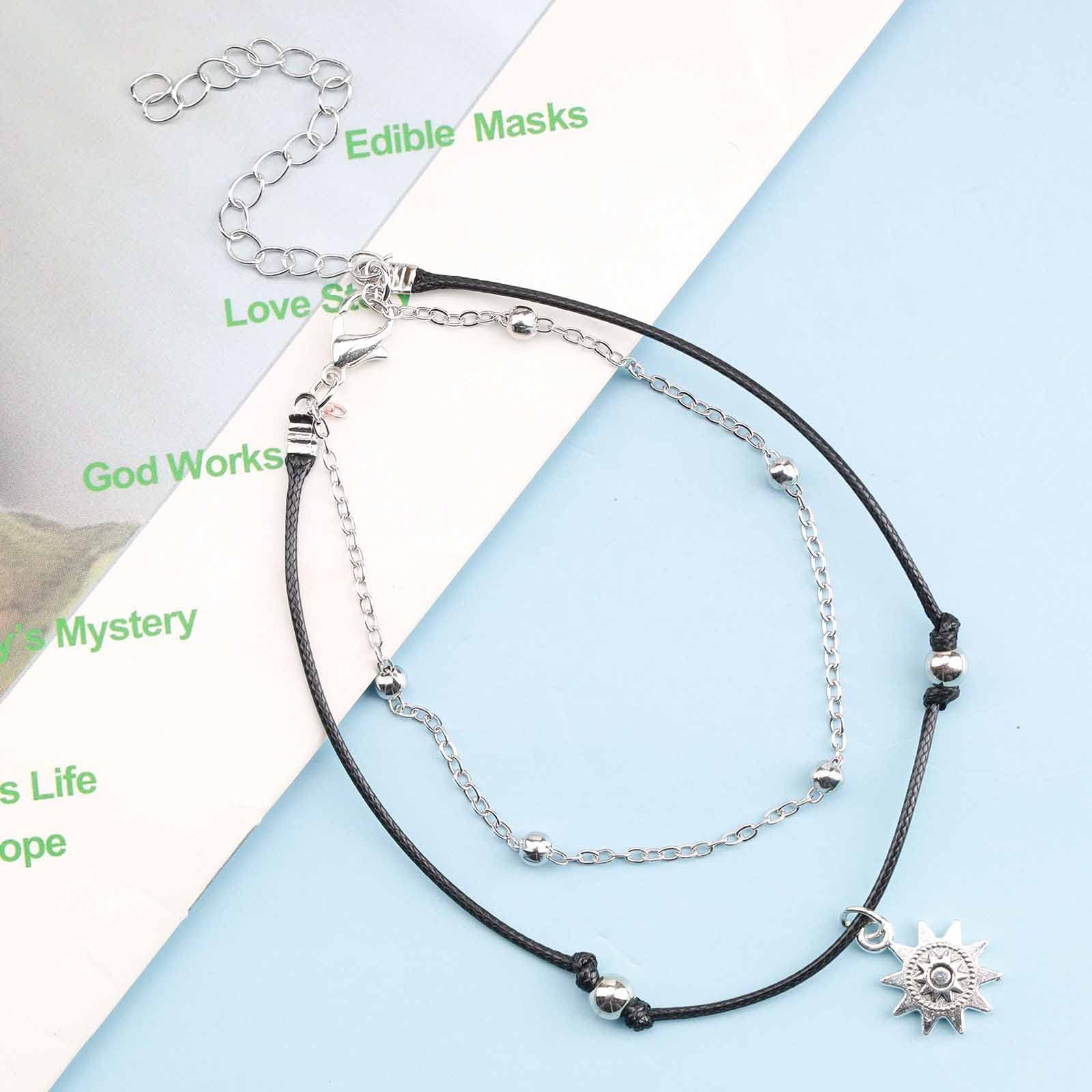 Bohemian Black Woven Rope Ankle Bracelet with Silver Layered Chain - Adjustable Wax Anklet for Women | Summer Beach Jewelry, Festival Accessories, Boho Chic Foot Chain