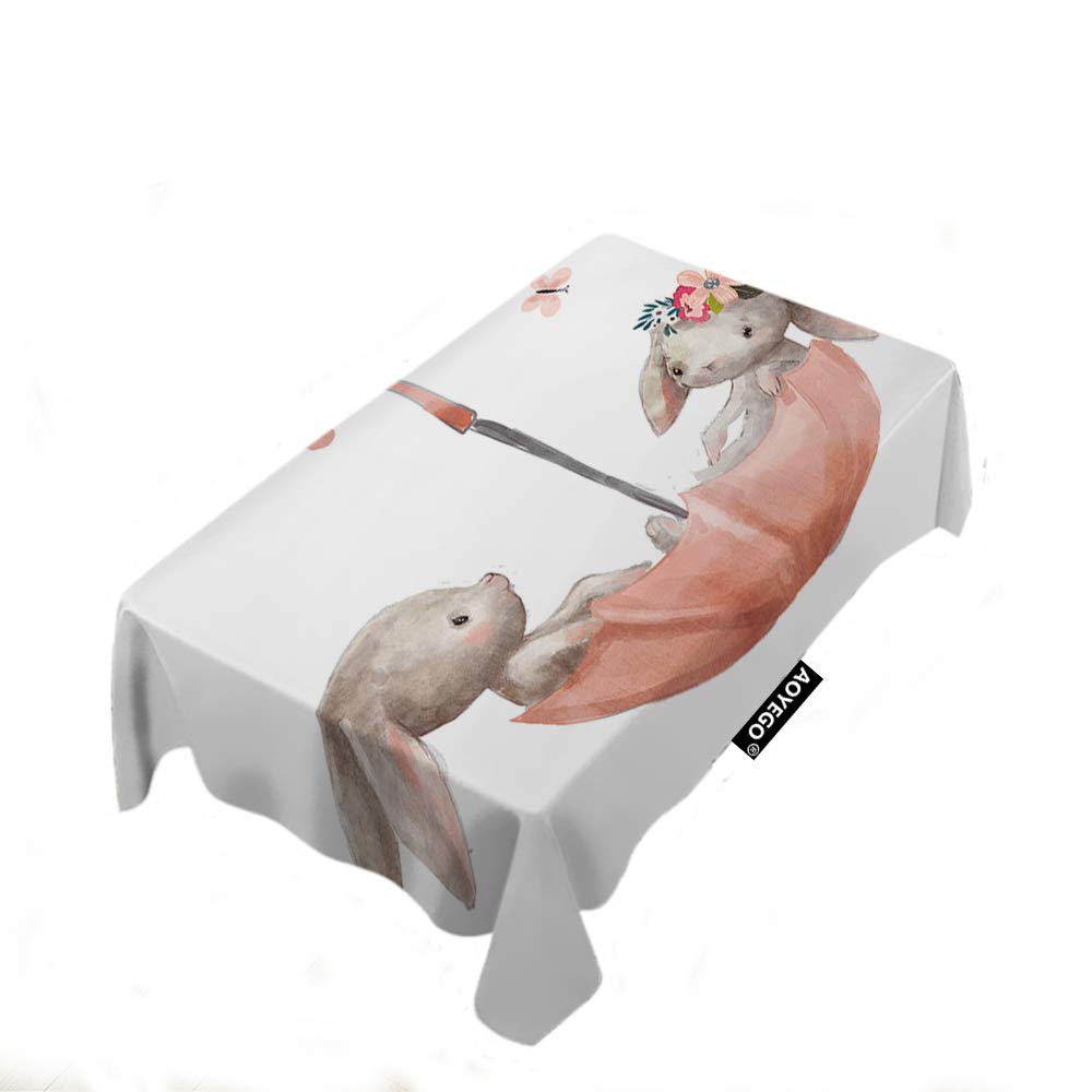 Cute Hares & Bunny Rabbit Floral Tablecloth - 60x84 Inch Polyester Rectangle Table Cover for Kitchen, Holiday Dinner, Restaurant & Hotel Decor | Perfect for Easter, Spring Parties & Romantic Dining Settings