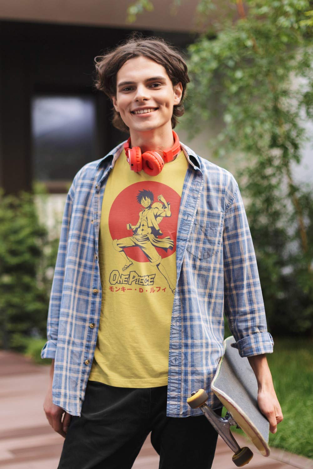 Ripple Junction One Piece Anime T-Shirt for Men - Monkey D. Luffy Japanese Flag Design Short Sleeve Crew Neck Yellow Tee - Perfect for Cosplay, Anime Conventions & Casual Wear