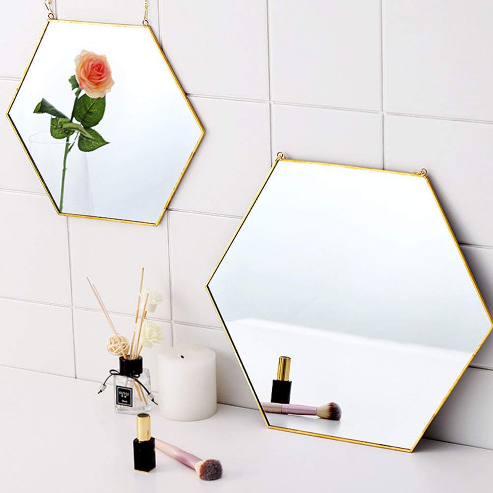 Hexagonal Wall Mounted Makeup Mirror with Magnification - Golden Pearlescent Geometric Mirror for Bathroom, Bedroom & Vanity Decor