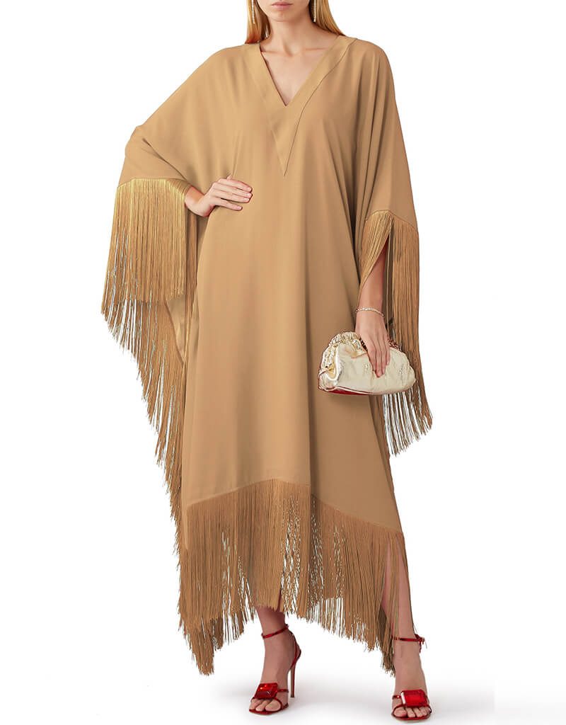 Elegant Beige V-Neck Fringed Kaftan Dress for Women | Boho Chic Summer Beach Cover Up | Perfect for Vacations, Pool Parties & Resort Wear