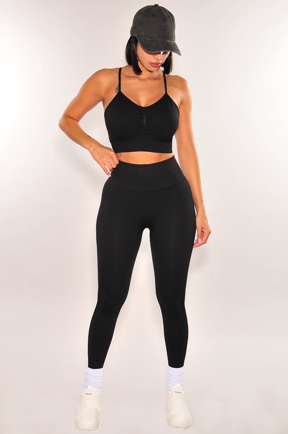 HMS Fit: Black Racerback Butt Lifting Leggings Two Piece Set - High Waist Yoga Pants & Sports Bra for Women, Perfect for Gym, Running, Workout & Lounge Wear