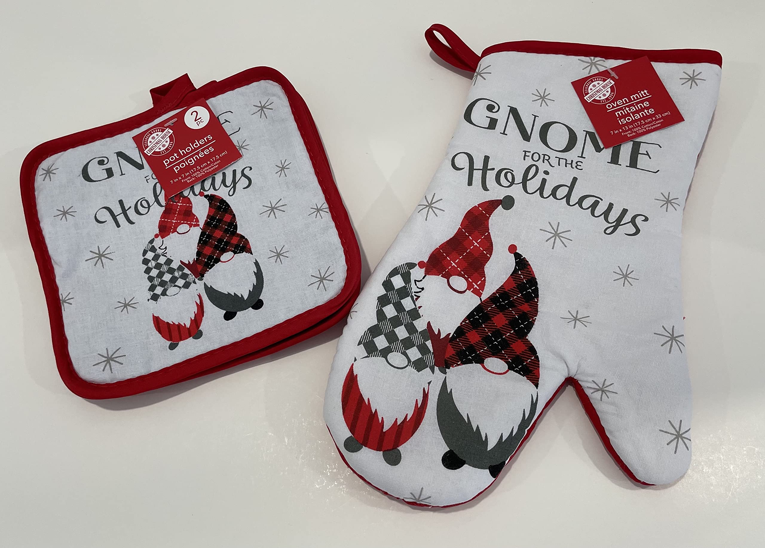 Gnome for The Holidays 2-Piece Pot Holder and 1 Oven Mitt Set - Festive Printed Kitchen Linens for Christmas Baking & Cooking