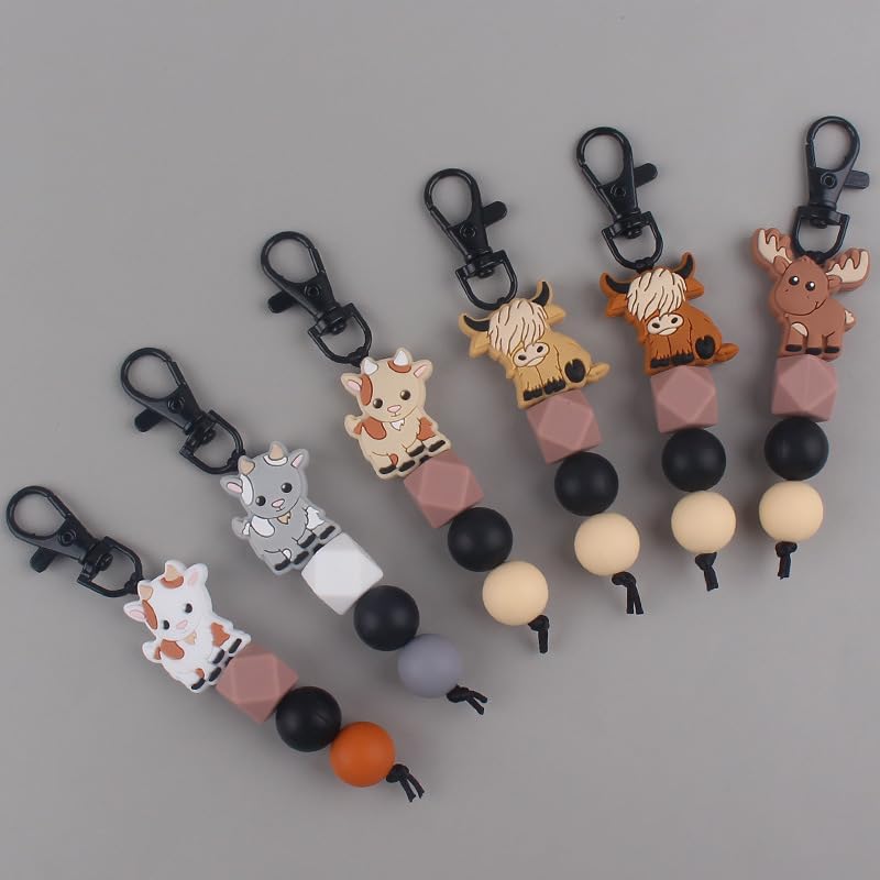 Cute Animal Keychains for Backpack - Cow & Elk Silicone Bead Keychains for Car Keys, House Keys & Purse Accessories - Perfect for Gifts, School Supplies & Travel Essentials
