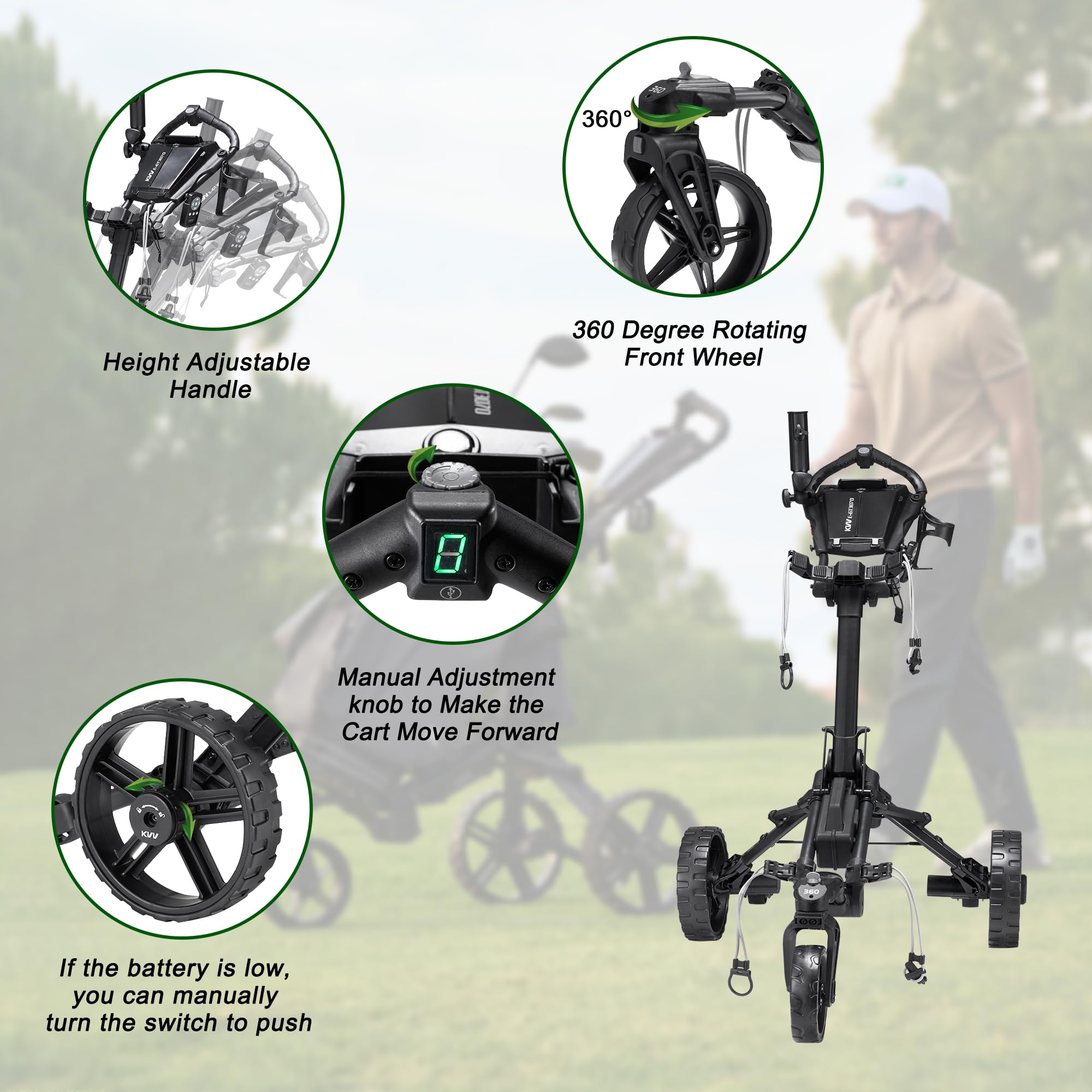 KVV Electric Golf Push Cart with Remote Control - Lightweight, Compact & Foldable for All Terrains | Perfect for Golfers, Seniors & Easy Transport | Use on Courses, Parks & Outdoor Adventures