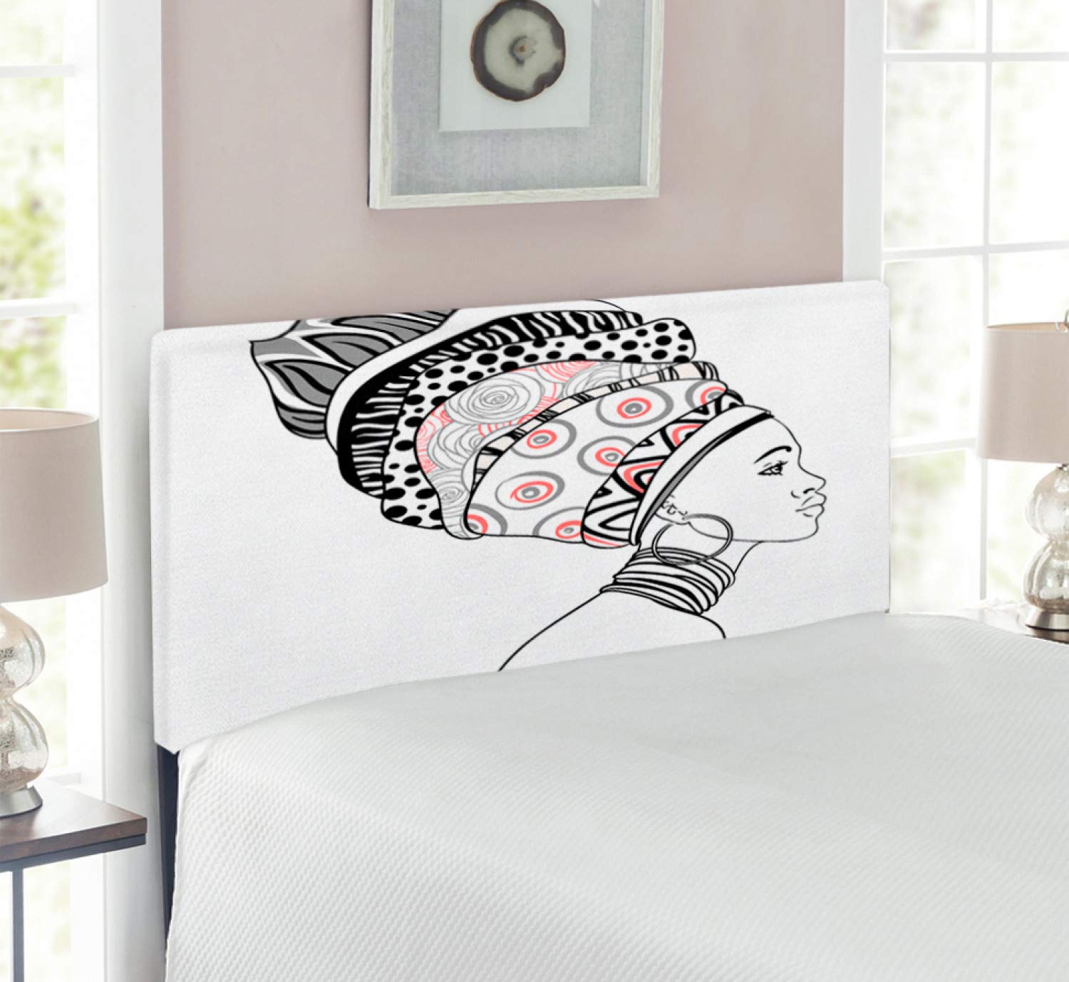 Ambesonne African Headboard - Exotic Savannah Lady Boho Turban Glamour Folkloric Fashion Print, Upholstered Decorative Metal Bed Frame with Memory Foam, Twin Size Grey White - Perfect for Bohemian Bedroom Decor & Guest Room Accent