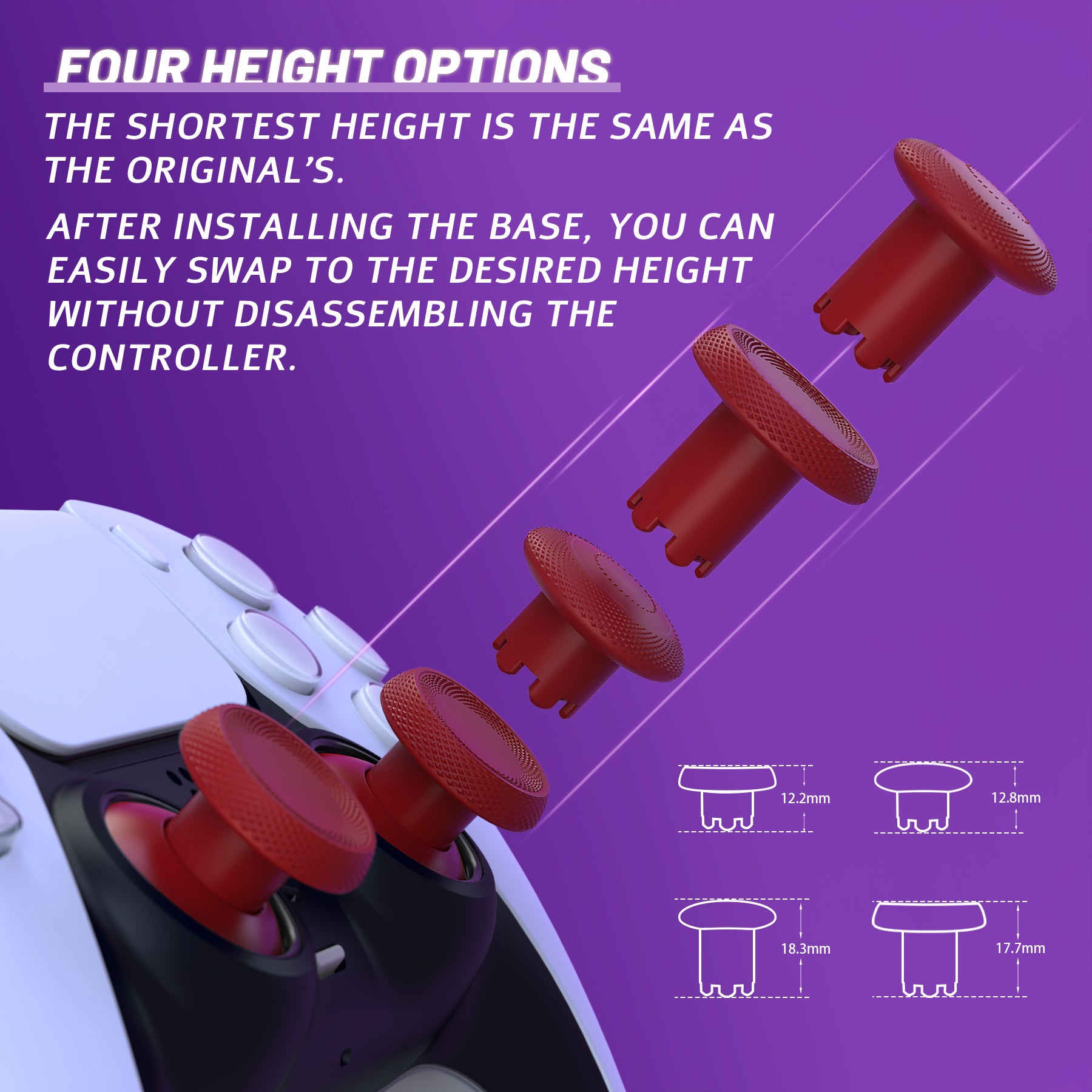 eXtremeRate ThumbsGear V3 Interchangeable Ergonomic Thumbsticks for PS5 & PS4 Controller - 4 Height Adjustable Convex & Concave Grip Joysticks (Carmine Red) - Perfect for FPS, Racing & Action Games - NNFPFM004