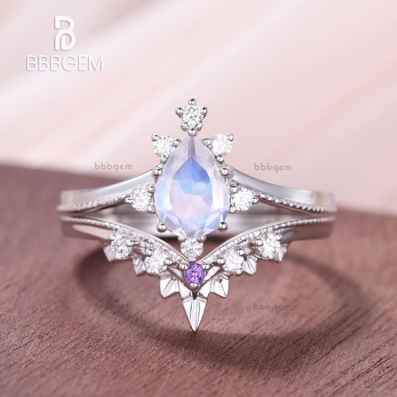 14K/18K Rose Gold Rainbow Moonstone Bridal Set with Diamond & Amethyst - Art Deco Engagement Ring & Wedding Band for Women - Perfect for Proposals, Anniversaries, and Special Occasions