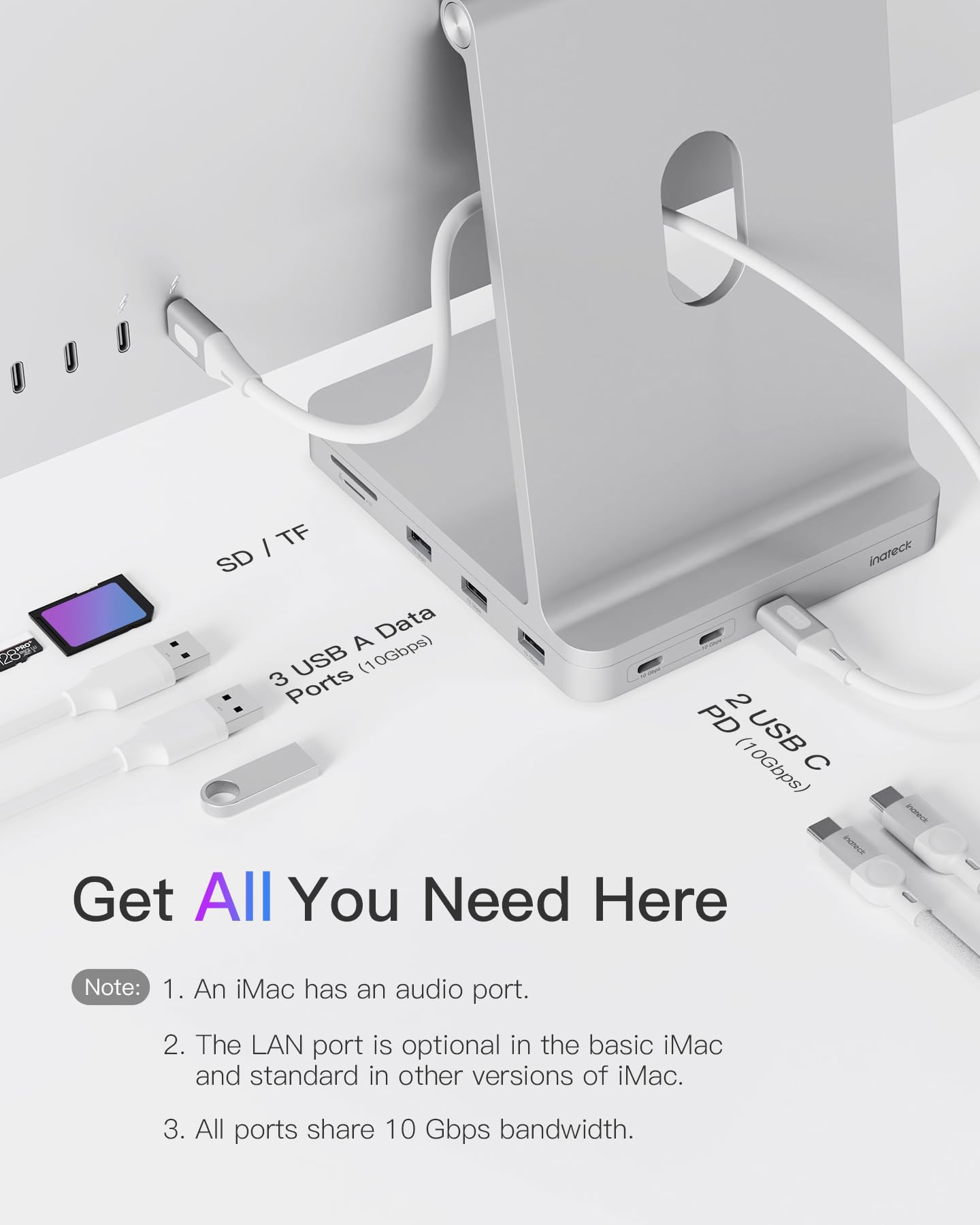 Inateck 8-in-1 Aluminum USB C Hub for iMac 24 Inch 2021/2023 - USB 3.2 Gen 2 Docking Station with NVMe SSD Enclosure, 10Gbps USB-C Port & SD/TF Card Reader - Perfect for Home Office, Video Editing & External Storage Expansion (Model DK2001)