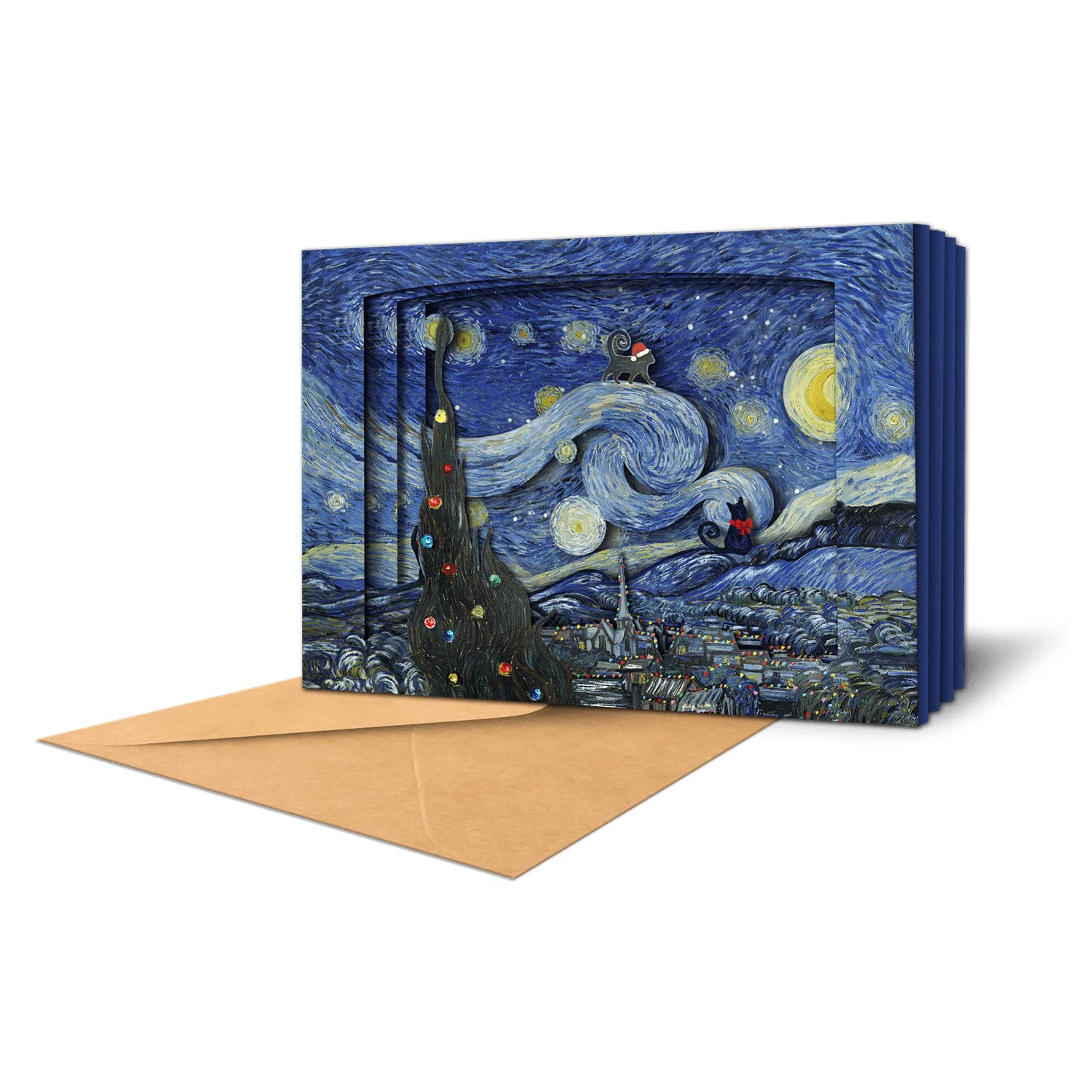 Meowy Christmas Pop-Up Greeting Card - Starry Night Holiday Art Card for Friends & Family | Christmas Gift, Flat-Fold Design with Envelope | Perfect for Holiday Wishes, Office Exchanges & Festive Decor