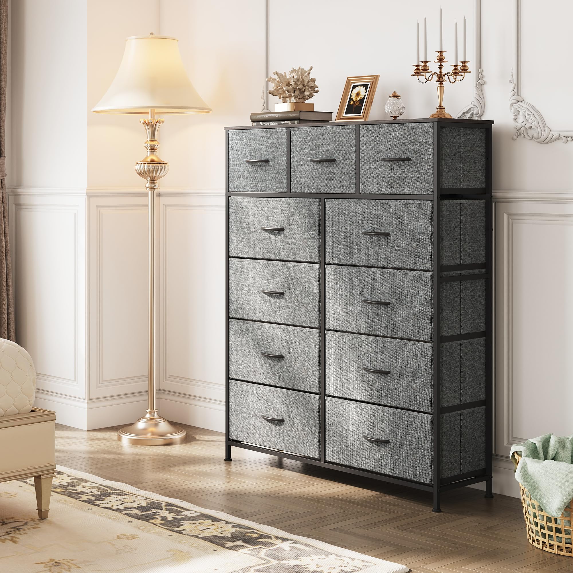 WLIVE 11-Drawer Fabric Dresser Storage Tower with Steel Frame & Wood Top - Tall Dresser Organizer for Bedroom, Closet, Hallway - Perfect for Clothing, Linens & Home Organization