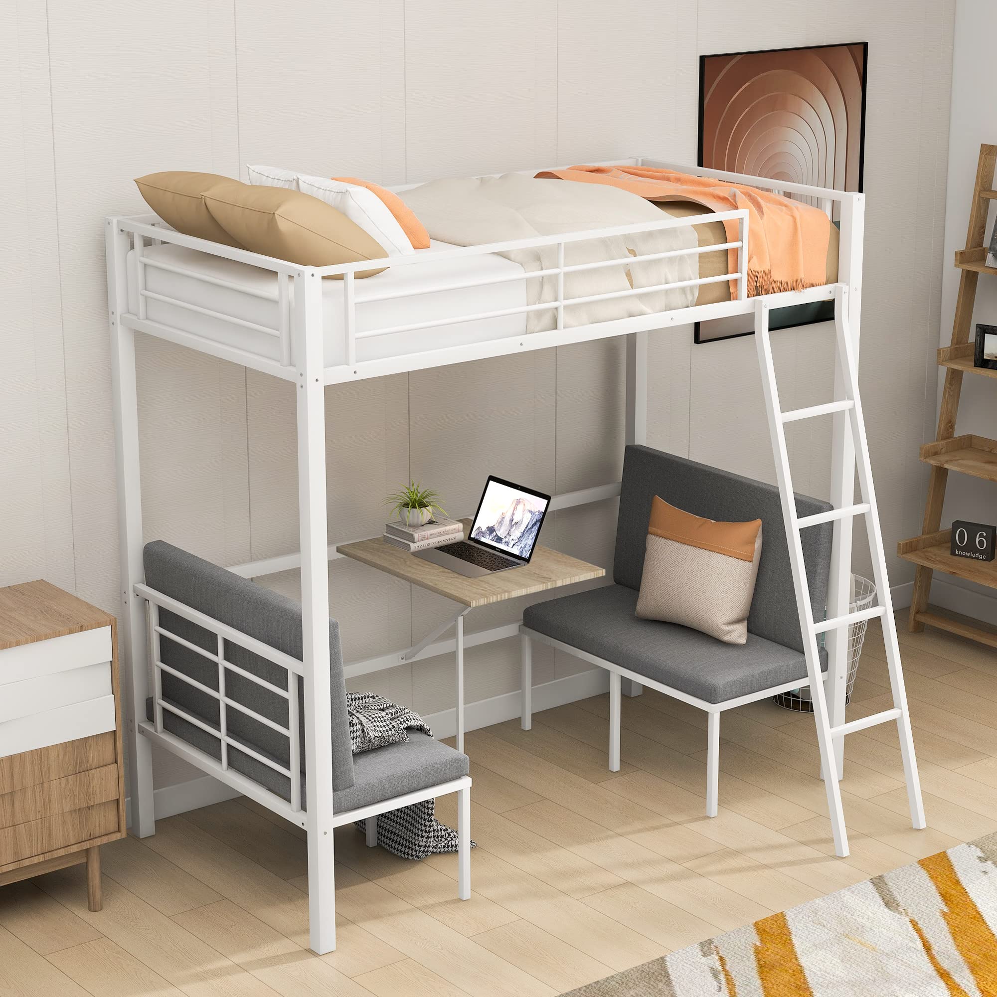 **Metal Twin Loft Bed with Padded Chairs & Table - Sturdy Space-Saving Bunk Bed for Teens & Adults, No Box Spring Needed, White - Perfect for Small Bedrooms, Dorms & Guest Rooms**