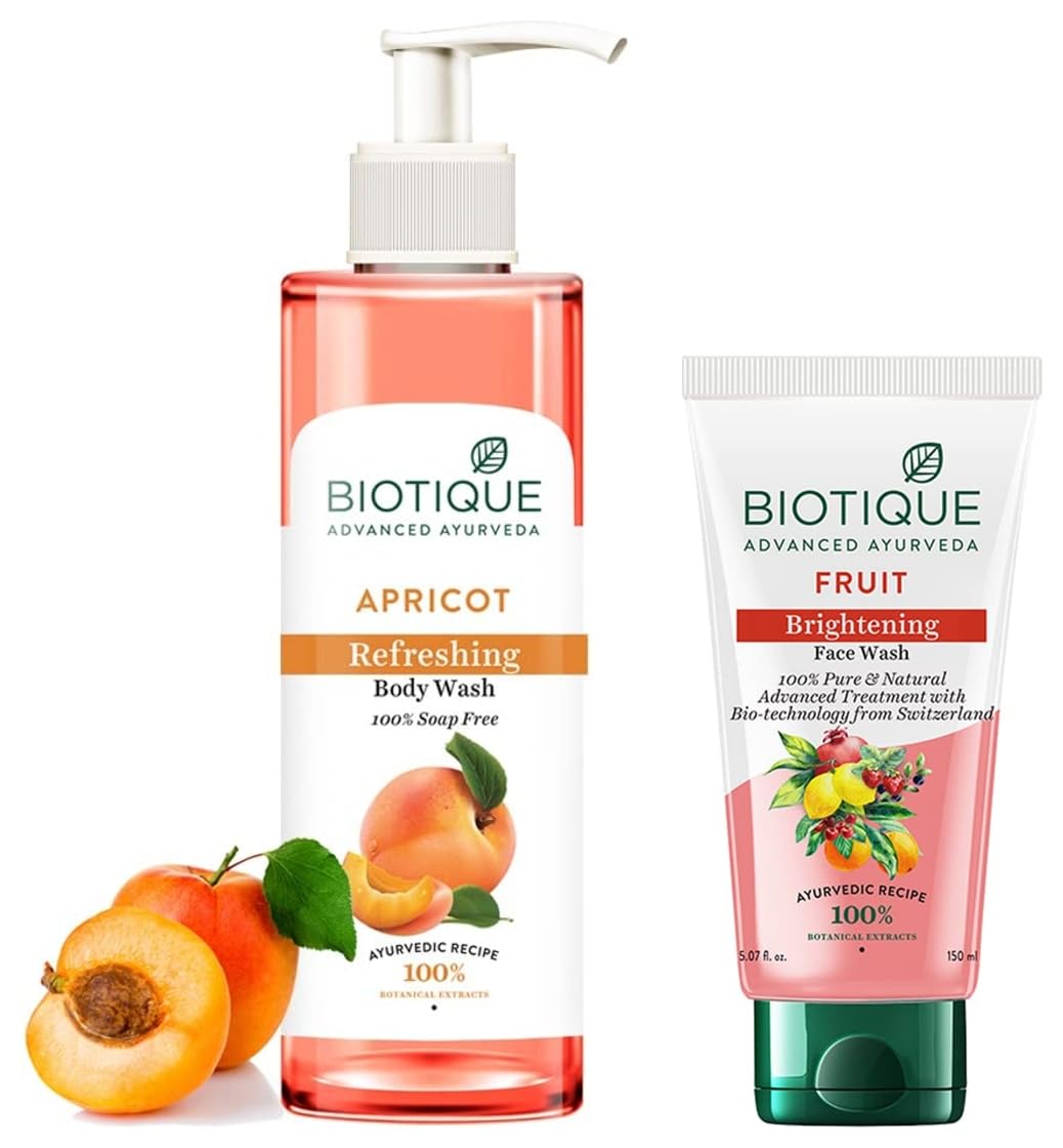 Biotique Bio Apricot Refreshing Body Wash 200ml & Bio White Advanced Fairness Face Wash 150ml - Hydrating & Brightening Skincare Duo for Daily Glow