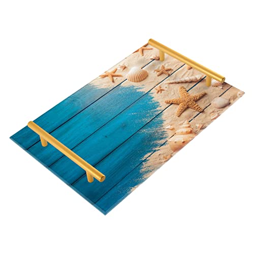 Seashells and Starfish on Blue Wooden