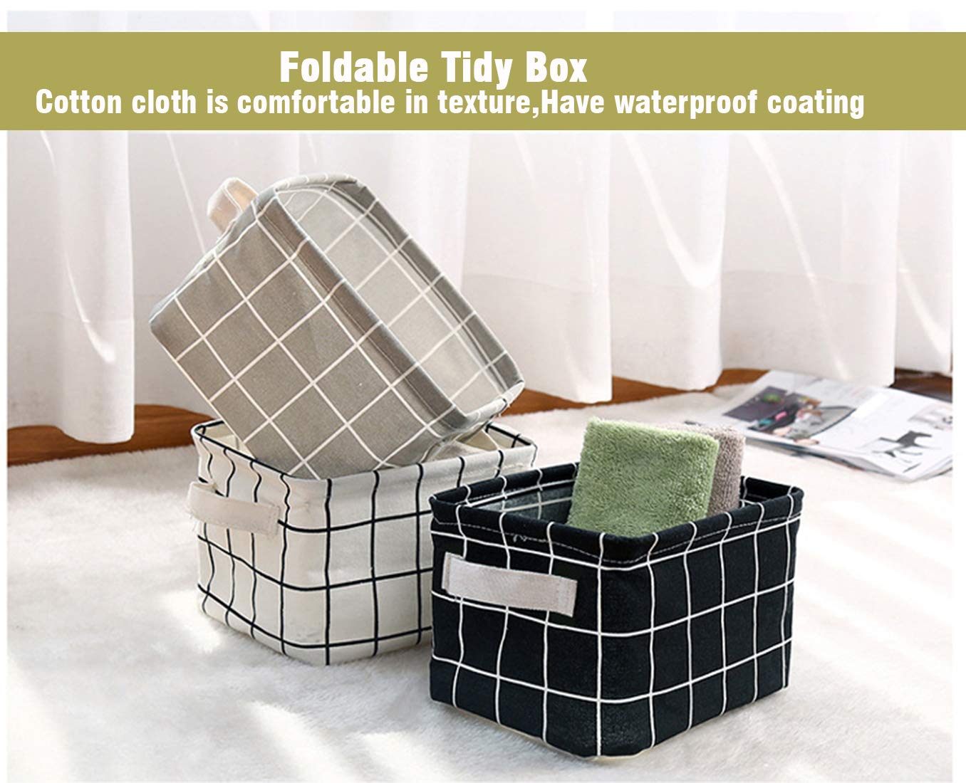 AARainbow 3-Pack Canvas Storage Baskets with Handles - Mini Storage Cubes for Makeup, Baby Toys, Books & Nursery Organization - Perfect for Shelves, Desks & Closet Storage (Black, White, Gray)