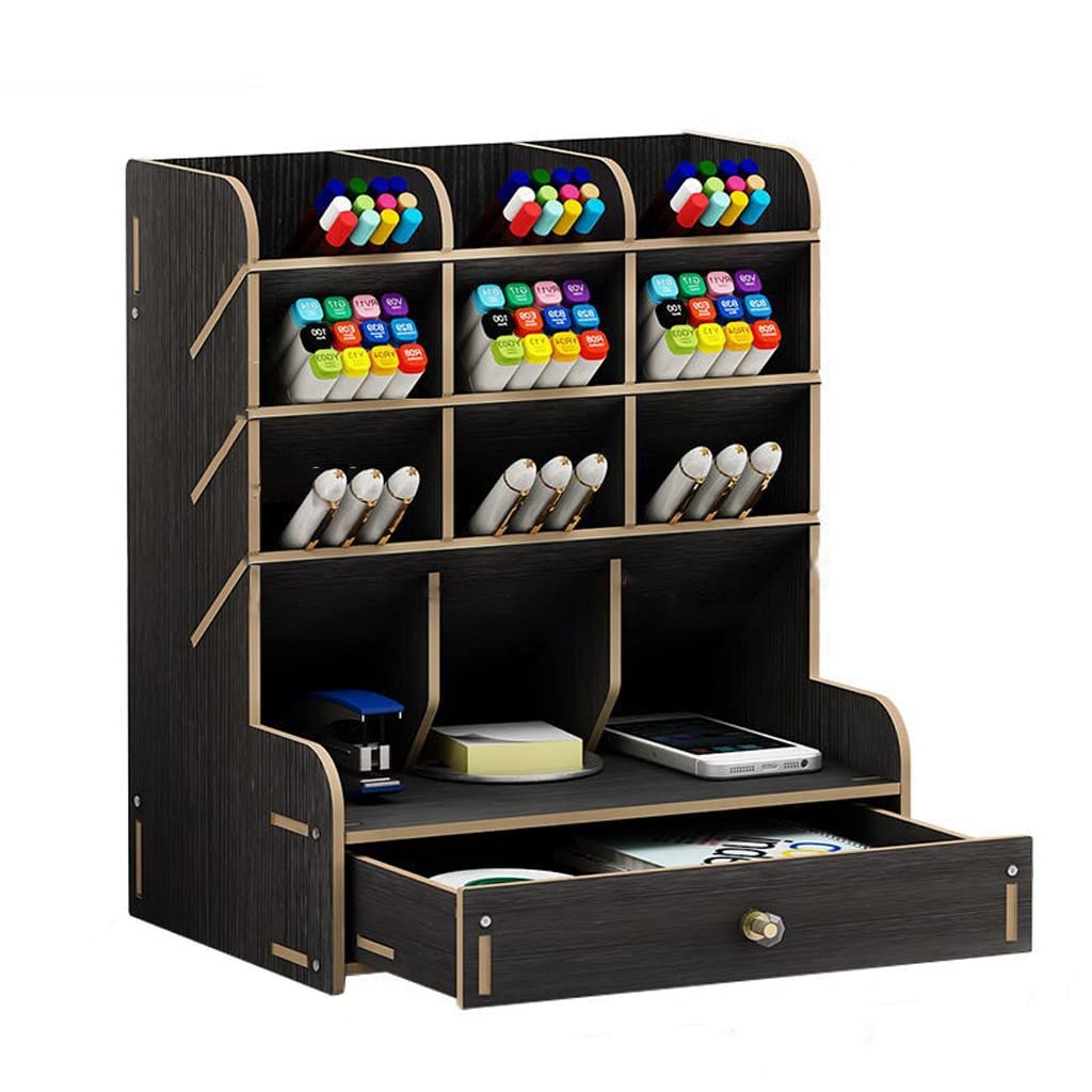 Wooden Pen Holder & Organizer with Drawer - Multi-Functional DIY Desktop Stationery Box for Pencils, Pens & Art Supplies - Perfect for Home Office, School & Craft Room Organization