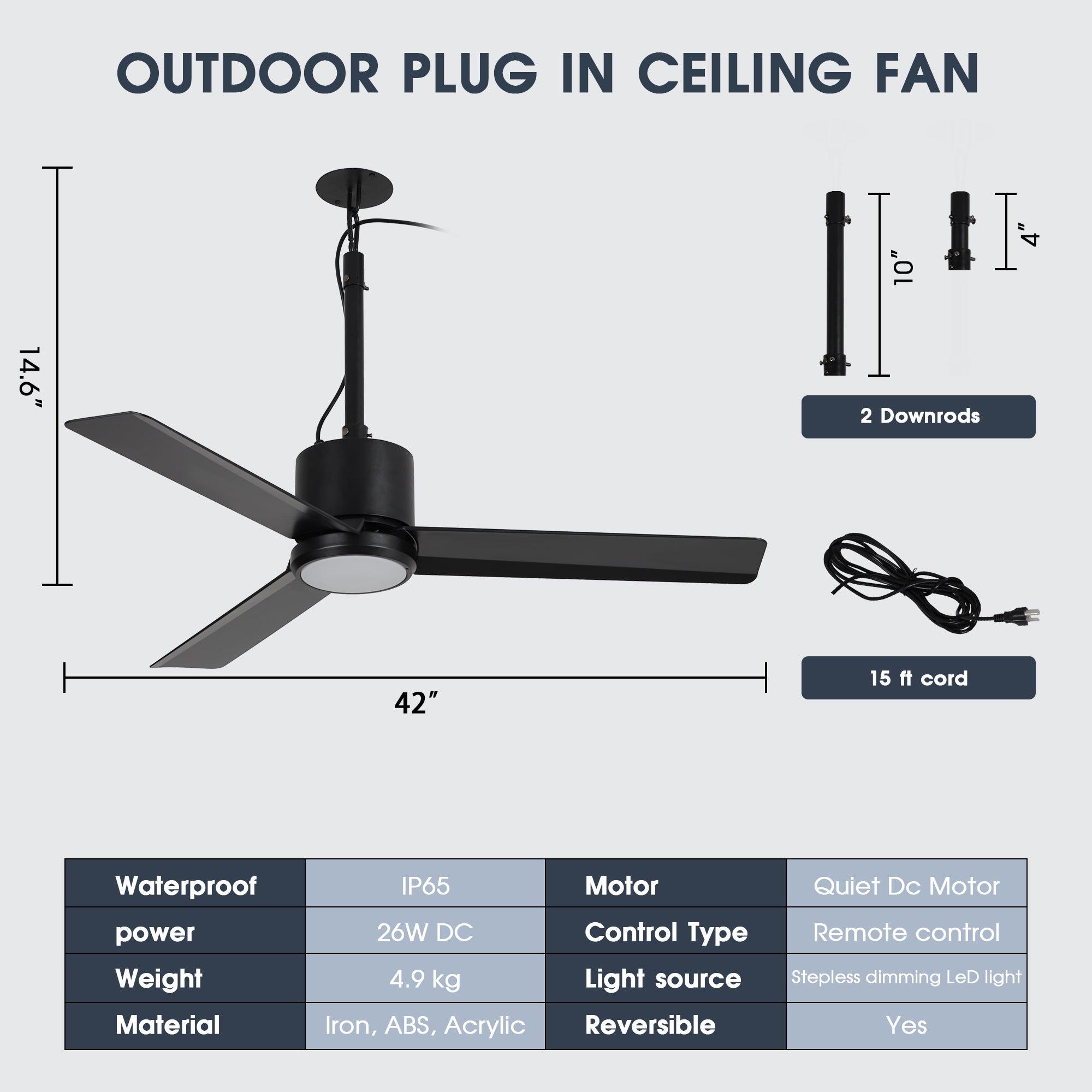 42 Inch IP65 Waterproof Ceiling Fan with LED Light - Indoor/Outdoor Use for Patio, Pool Area, Bathroom & Covered Porches - Black Finish with Convenient Hanging Hook