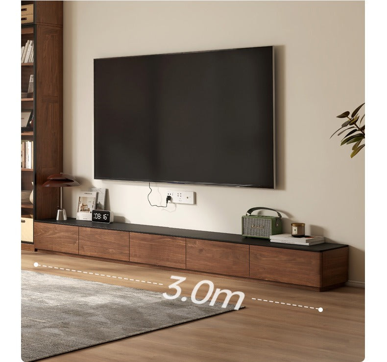 Black Walnut Solid Wood TV Stand with Rock Slab - Rustic Modern Entertainment Center for Living Room, Bedroom & Home Theater