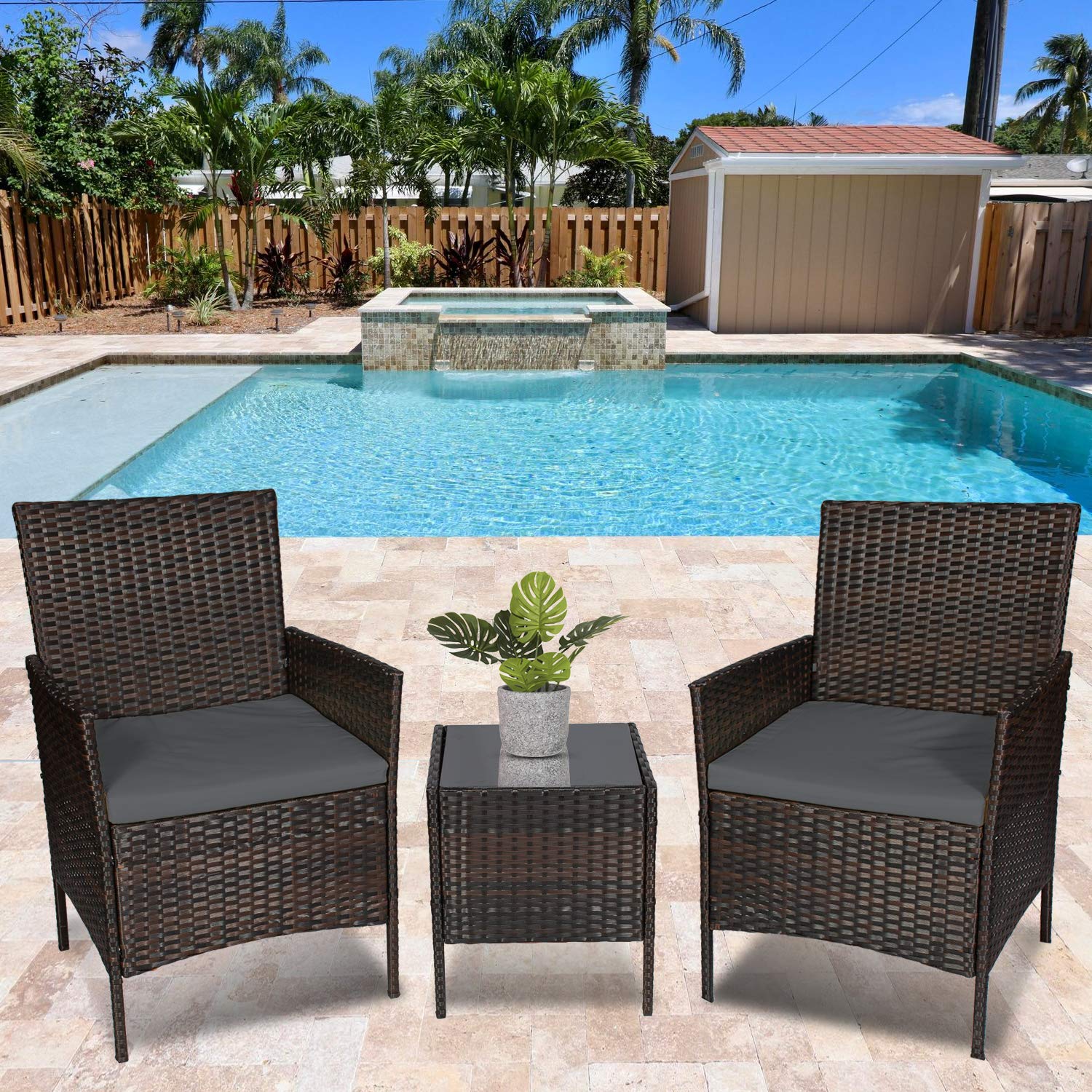 3-Piece Modern Outdoor Patio Furniture Set - Wicker Bistro Table & Chairs for Garden, Porch, Backyard (Brown/Grey) - Perfect for Relaxing, Dining & Entertaining Guests