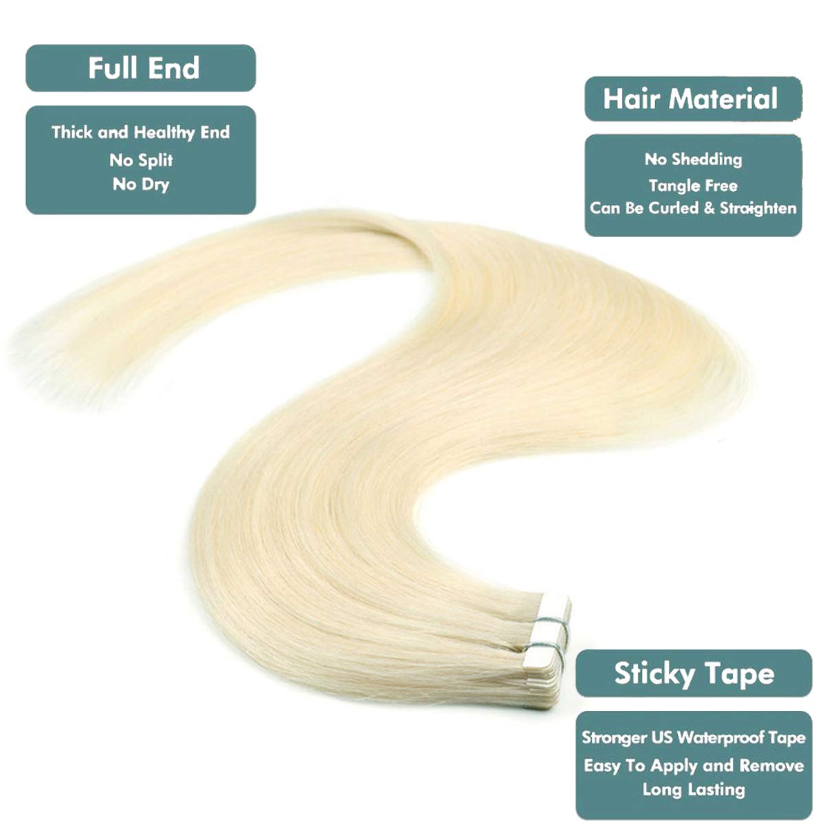 18 Inch Tape in Hair Extensions Human Hair - 12 Pieces Skin Weft Straight Natural Thick Hair Extensions with 20pcs Replacement Tape (50g, Lightest Blonde #613) for Daily Styling, Parties & Special Occasions