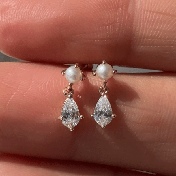 14K White Gold Pearl & Marquise Drop Flat Back Stud Earrings - Elegant Dangle Earrings for Women, Perfect for Weddings, Parties & Special Occasions