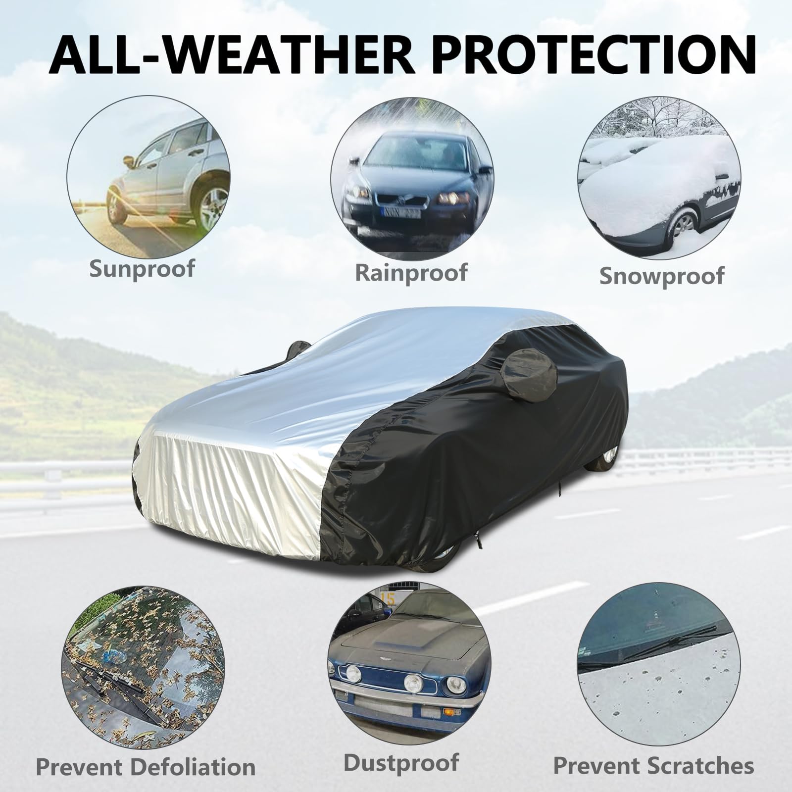 Waterproof All-Weather Car Cover for Outdoor Protection - Rain, Sun & Snow Resistant with PU Sealed Tape - Universal Fit for Sedans (201
