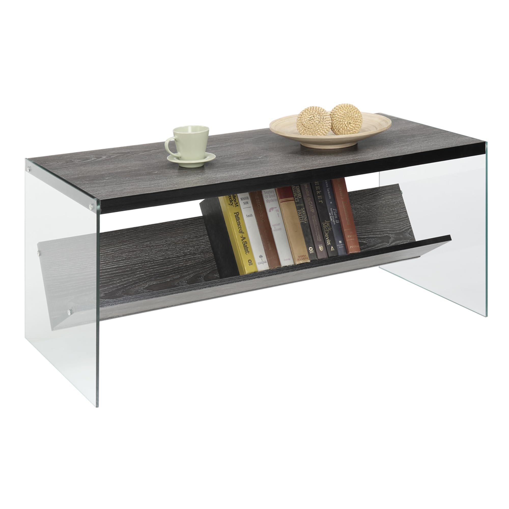 Modern Glass Coffee Table with Storage Shelf - Contemporary Weathered Gray Soho Design for Living Room & Family Room - Perfect for Small Spaces, Entertaining & Stylish Home Decor