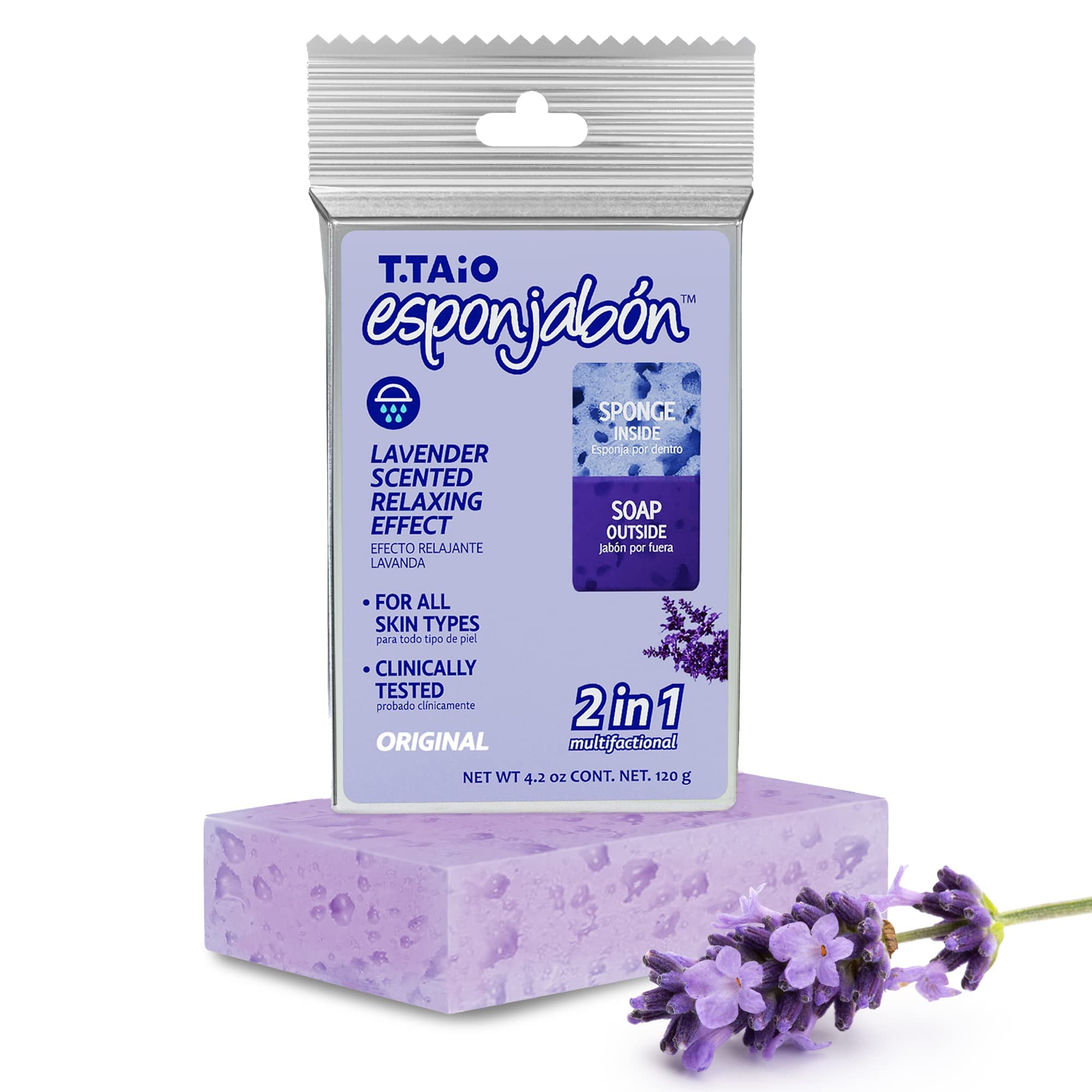 T.Taio Exfoliating Soap Sponge - Deep Cleansing Shower Scrubber for Face, Body & Feet - Oil Removal & Dead Skin Exfoliation - Lavender Scented Bath Accessories - Perfect for Spa Day, Dry Skin Care & Relaxing Shower Routine