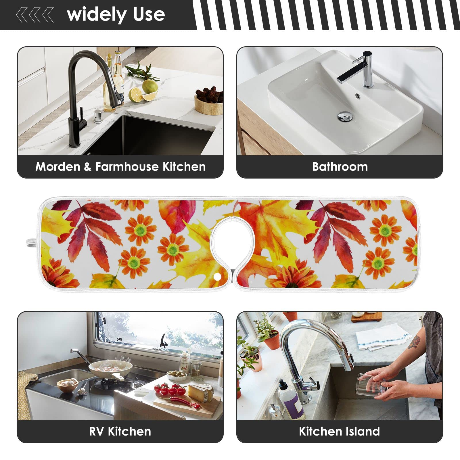 Autumn Leaves Non-Slip Kitchen Faucet Mat - 23x5 Inch Absorbent Drying Mat with Floral Design, Washable Splash Guard Pad for Sink Counter - Perfect for Kitchen, Bathroom, RV & Home Decor (Waterproof & Anti-Slip)
