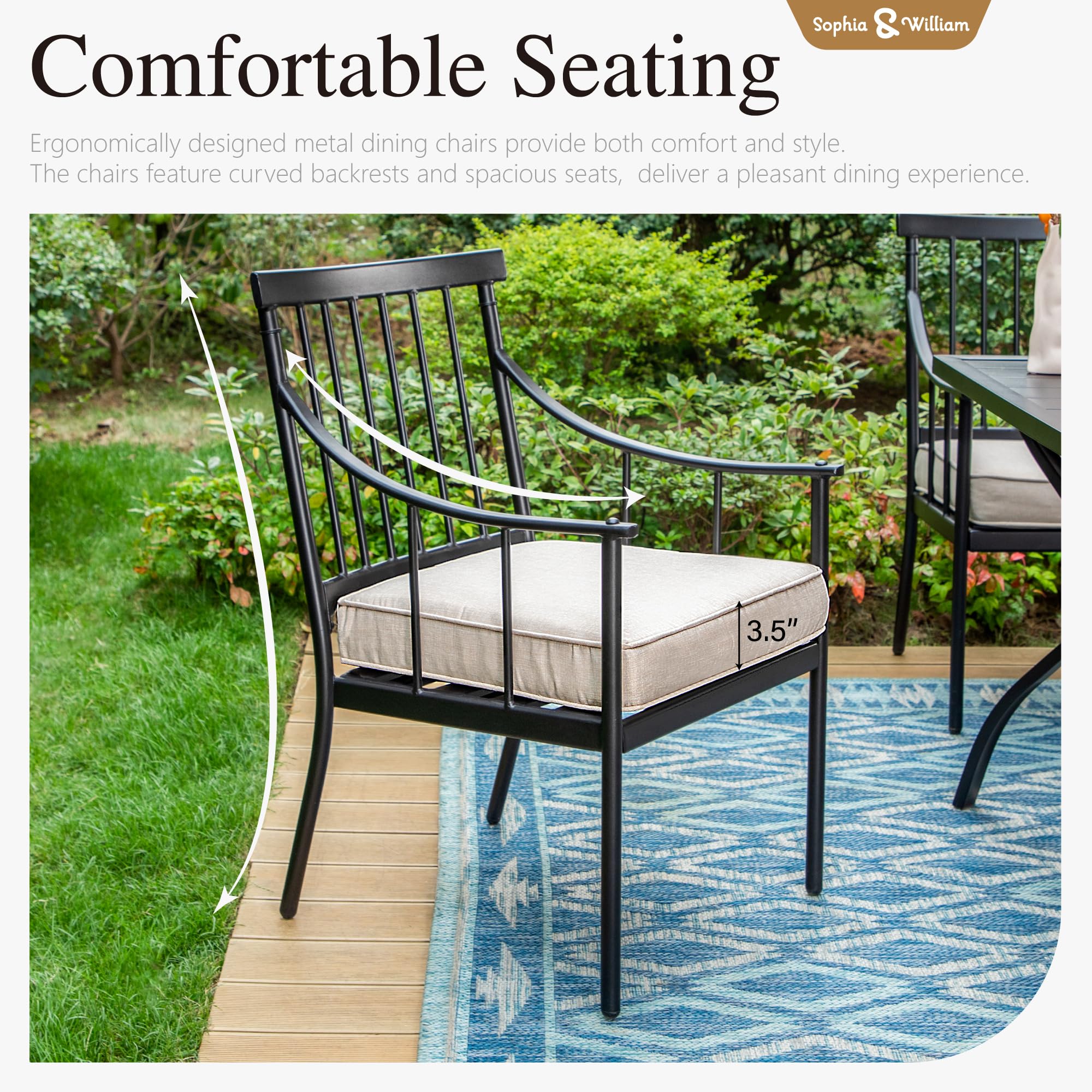 Sophia & William Black Metal Outdoor Dining Chairs Set of 2 with Cushions - 300lb Capacity Patio Furniture for Porch, Yard, Balcony | Perfect for Outdoor Dining, Garden Parties & Relaxing Conversations