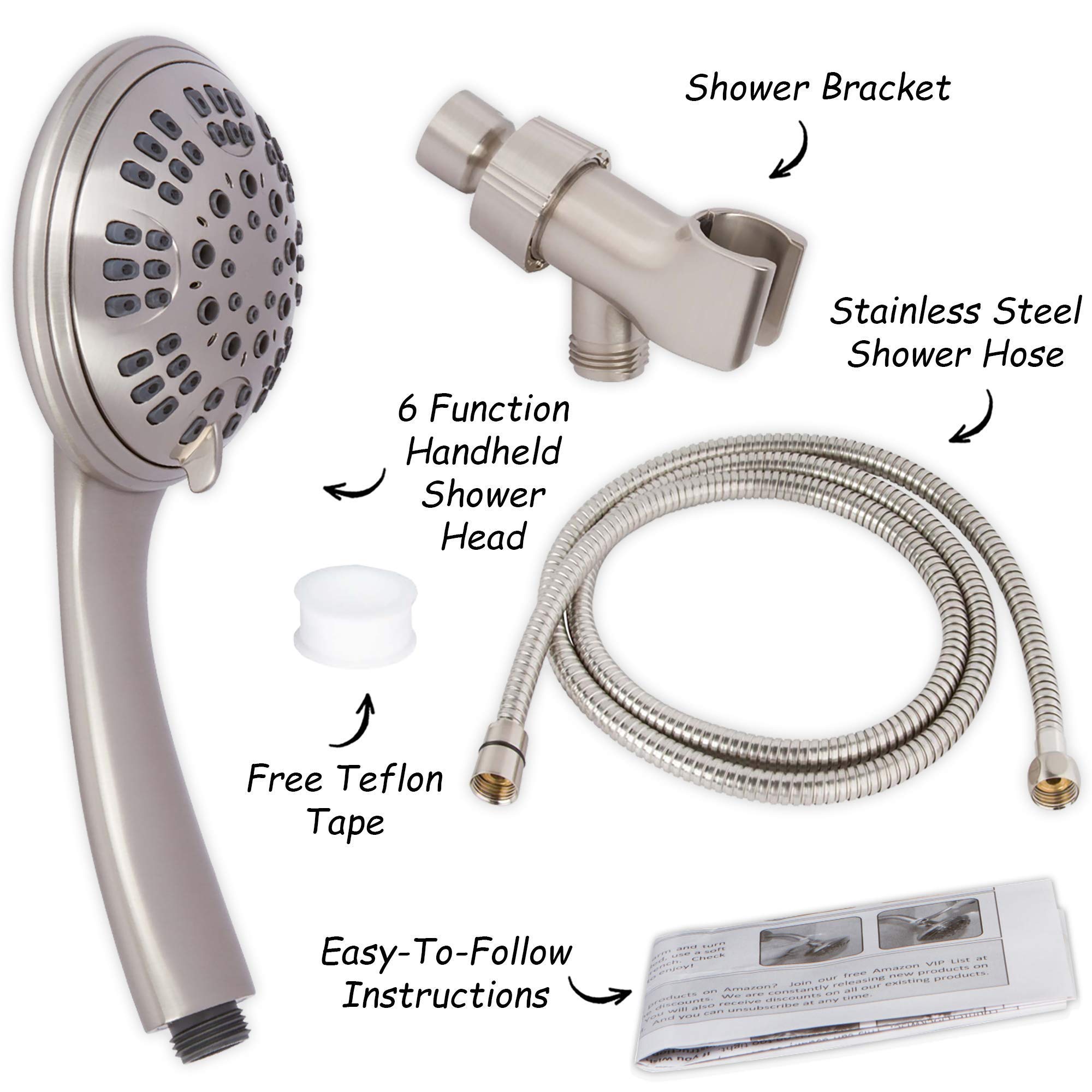 6 Function High Pressure Handheld Shower Head with Filter - Removable Showerhead Kit Includes Mount & Stainless Steel Hose - Chlorine Removal Water Filter (2.5 GPM, Brushed Nickel) for Bathroom, Spa, and Pet Washing