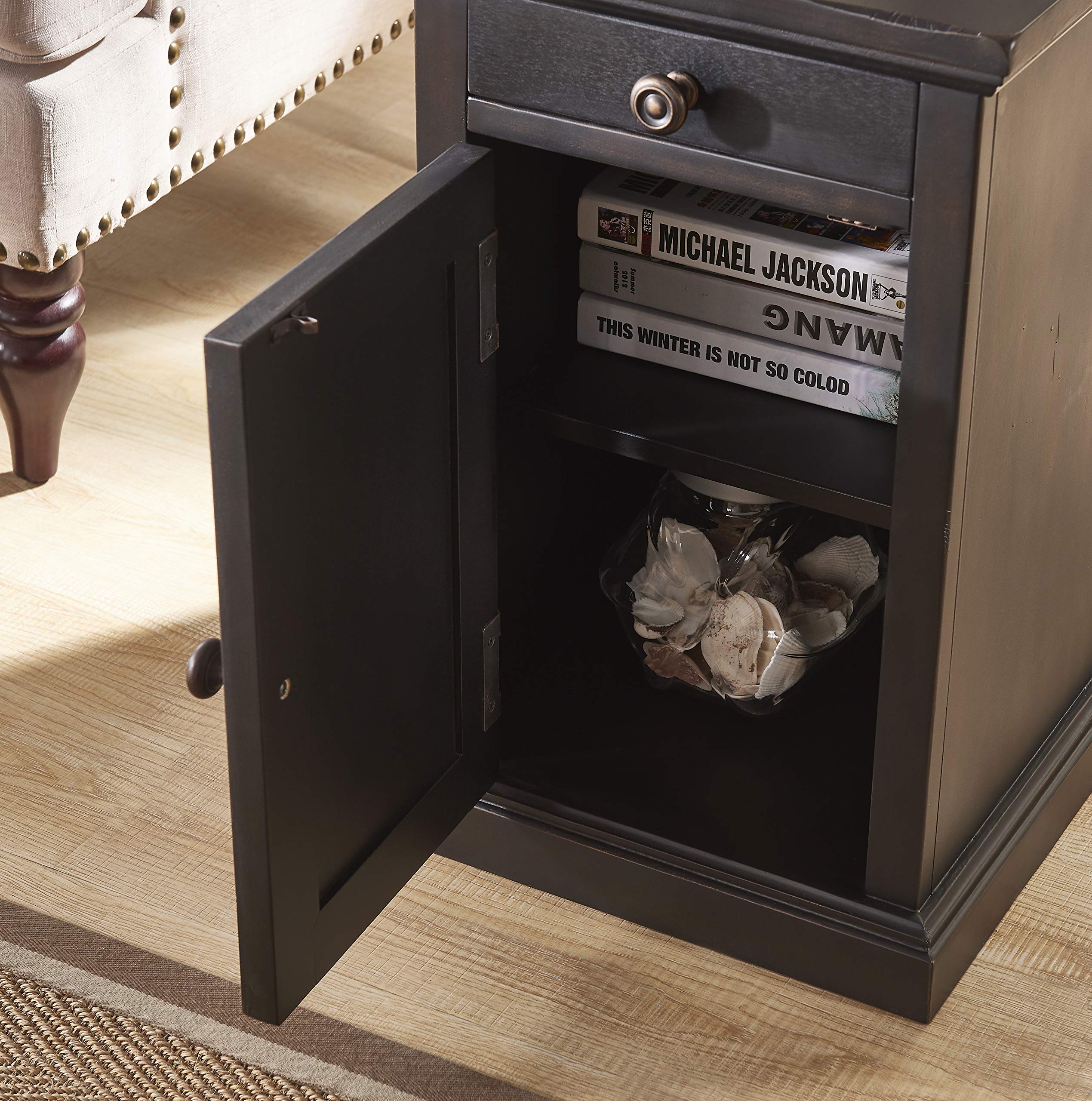 Saldana Chairside End Table with Cup Holders, USB Ports & Outlets - Black Nightstand for Living Room, Bedroom, or Office - Perfect for Holding Drinks, Charging Devices & Storing Essentials