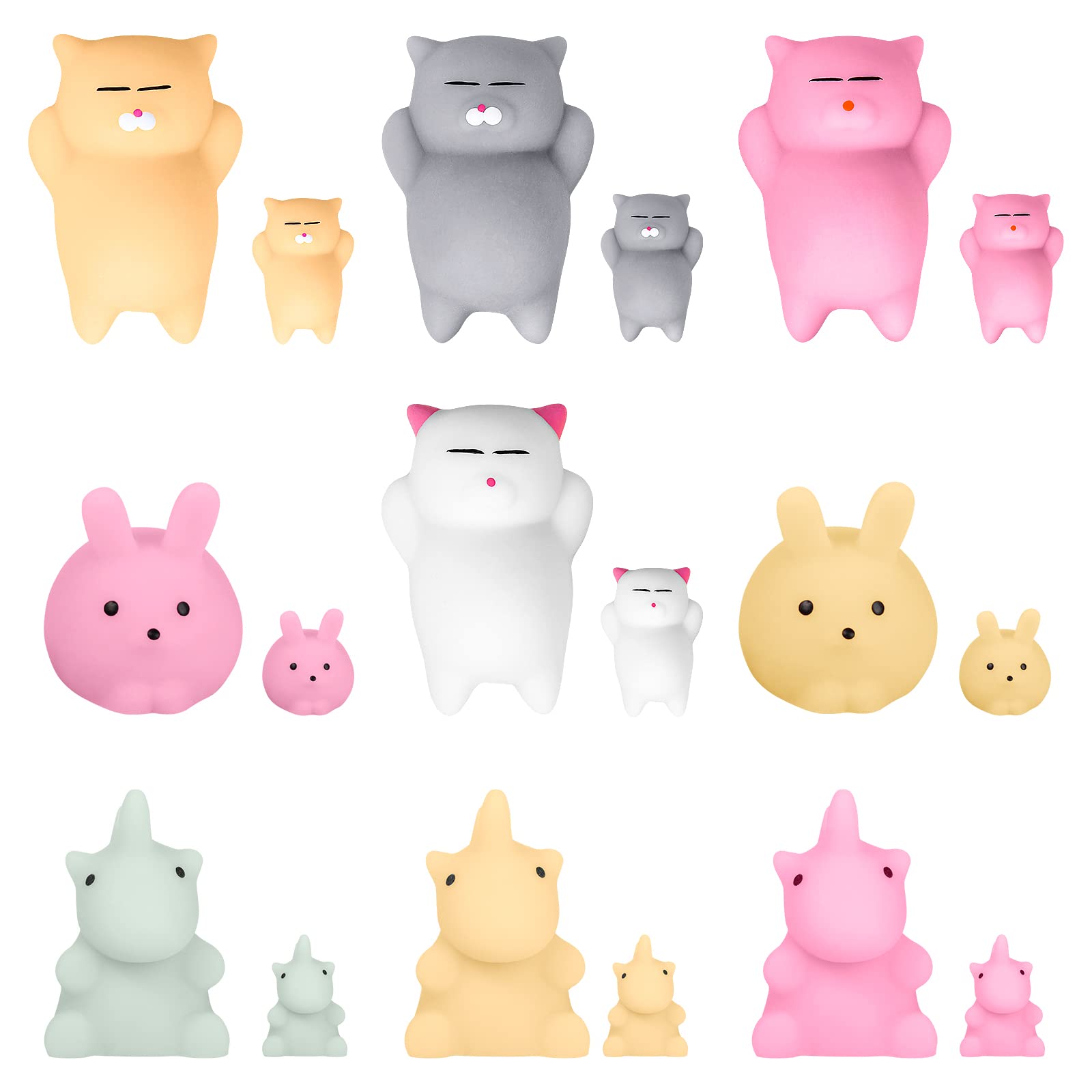 18PCS Squishy Toys for Kids - 9 Large & 9 Small Kawaii Mochi Stress Relief Toys, Cute Rabbit & Cat Squishies for Party Favors, Anxiety Relief & Sensory Play - Perfect for Birthday Gifts, Classroom Rewards & Relaxation Therapy