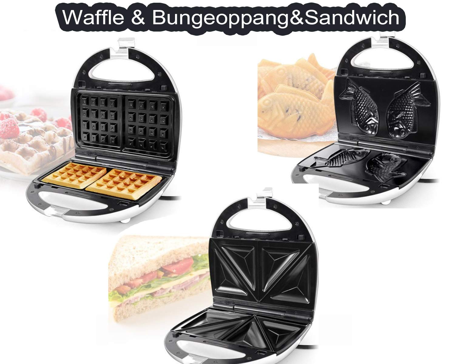 3-in-1 Waffle Maker with Nonstick Teflon Coating Plates - Perfect for Waffles, Sandwiches & Korean Bungeoppang - Ideal for Breakfast, Snacks & Family Cooking