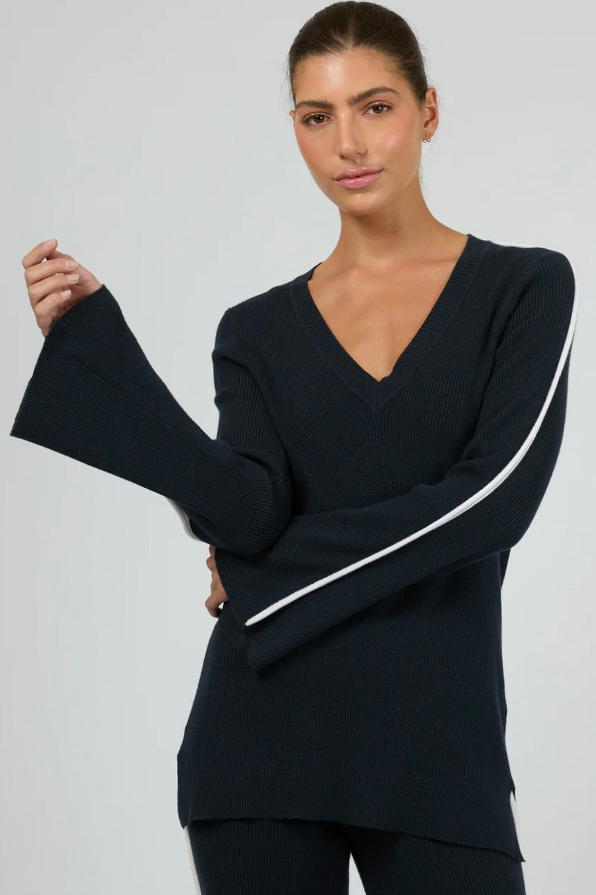 Highland Navy Knit Top for Women - Soft Comfortable Crewneck Sweater - Perfect for Casual Outfits, Office Wear & Fall Layering